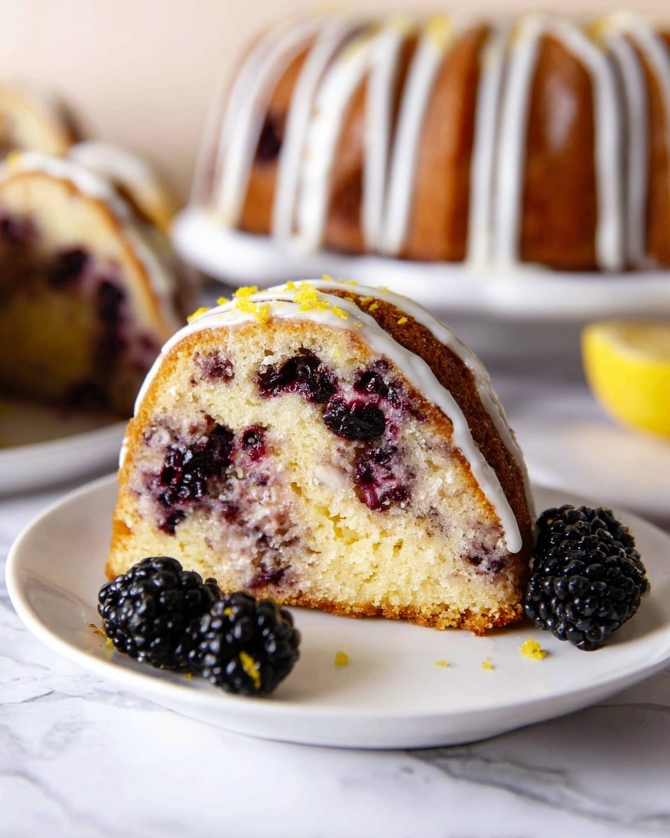 A slice of bundt cake sits on a white plate, showing two layers: the inside is light yellow with dark purple blackberry bits mixed throughout, and the top edge has a thicker layer of smashed blackberries blending into the cake. White icing is drizzled in stripes over the slice's top, sprinkled with small yellow lemon zest pieces. Next to the slice are two whole blackberries, and in the background, more of the bundt cake with similar icing and whole blackberries is visible. The scene is set on a white marbled surface, with soft natural light highlighting the texture of the cake and fruit. photo taken with an iphone --ar 4:5 --v 7