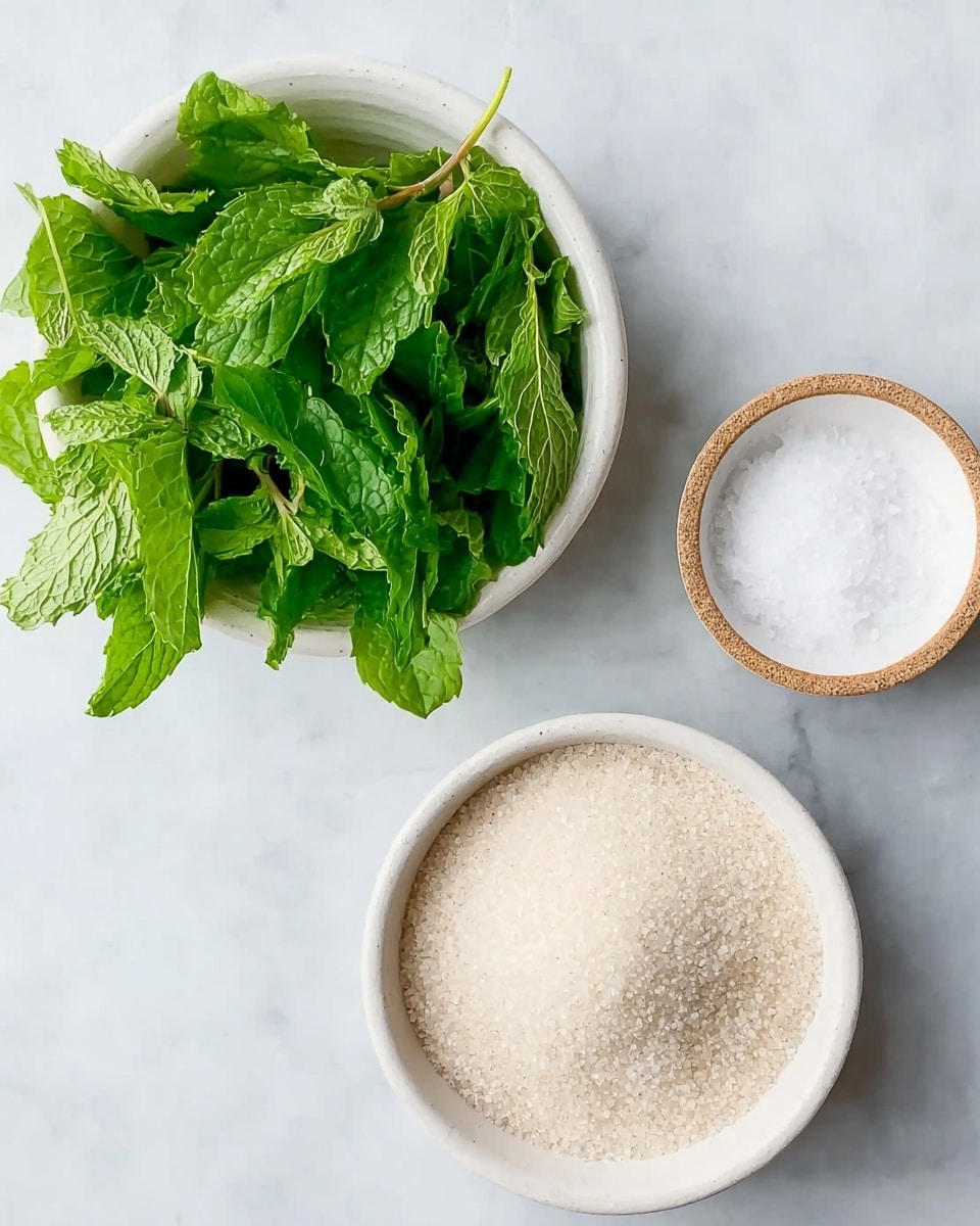 The image shows three white bowls on a white marbled surface. The bowl on the left contains fresh green mint leaves with visible veins and stems, loosely piled and bright in color. The small bowl on the top right holds coarse white salt with a smooth texture and a light brown rim around the edge. The larger bowl at the bottom right is filled with granulated white sugar, showing a rough, crystalline texture and a full layer. photo taken with an iphone --ar 4:5 --v 7