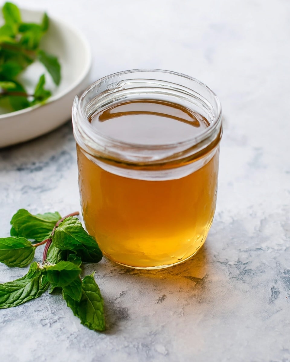 A clear glass jar filled with light brown liquid, showing smooth and shiny surface on top, placed on a white marbled texture. Next to the jar, there are fresh green mint leaves with stems lying on the surface, adding a bright contrast to the drink. The background is simple and softly blurred with some green leaves faintly visible on the left side in a white dish. photo taken with an iphone --ar 4:5 --v 7