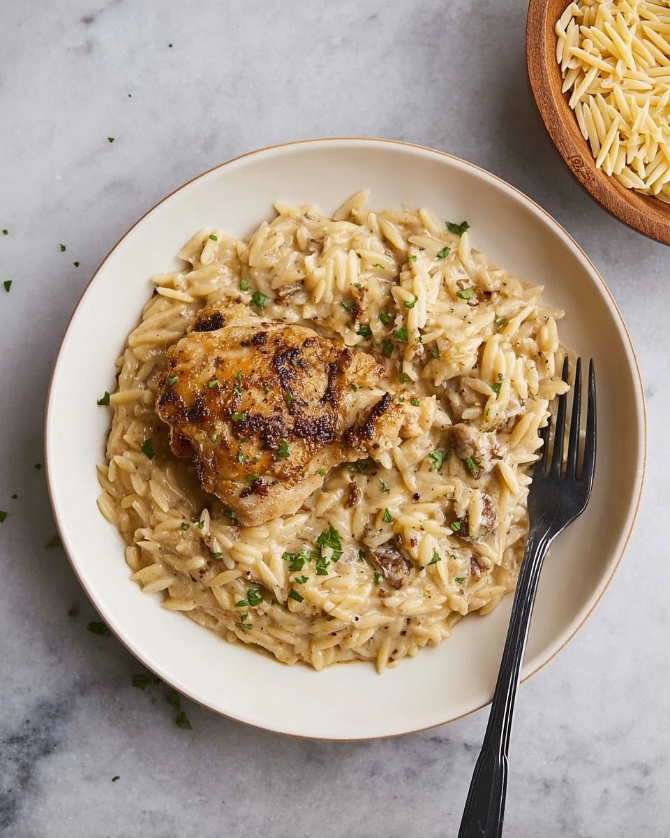 The image shows a white round plate with a creamy orzo pasta base, light beige in color with a soft, slightly glossy texture, spread evenly across the plate. On top of the pasta, there is a single piece of golden-brown cooked chicken thigh, showing a slightly crispy and seasoned surface with small dark caramelized spots. The dish is garnished with small bits of green herbs scattered on both the pasta and chicken. A black fork rests on the right edge of the plate. In the background, on a white marbled surface, there is a small wooden bowl filled with uncooked orzo pasta. Photo taken with an iphone --ar 4:5 --v 7