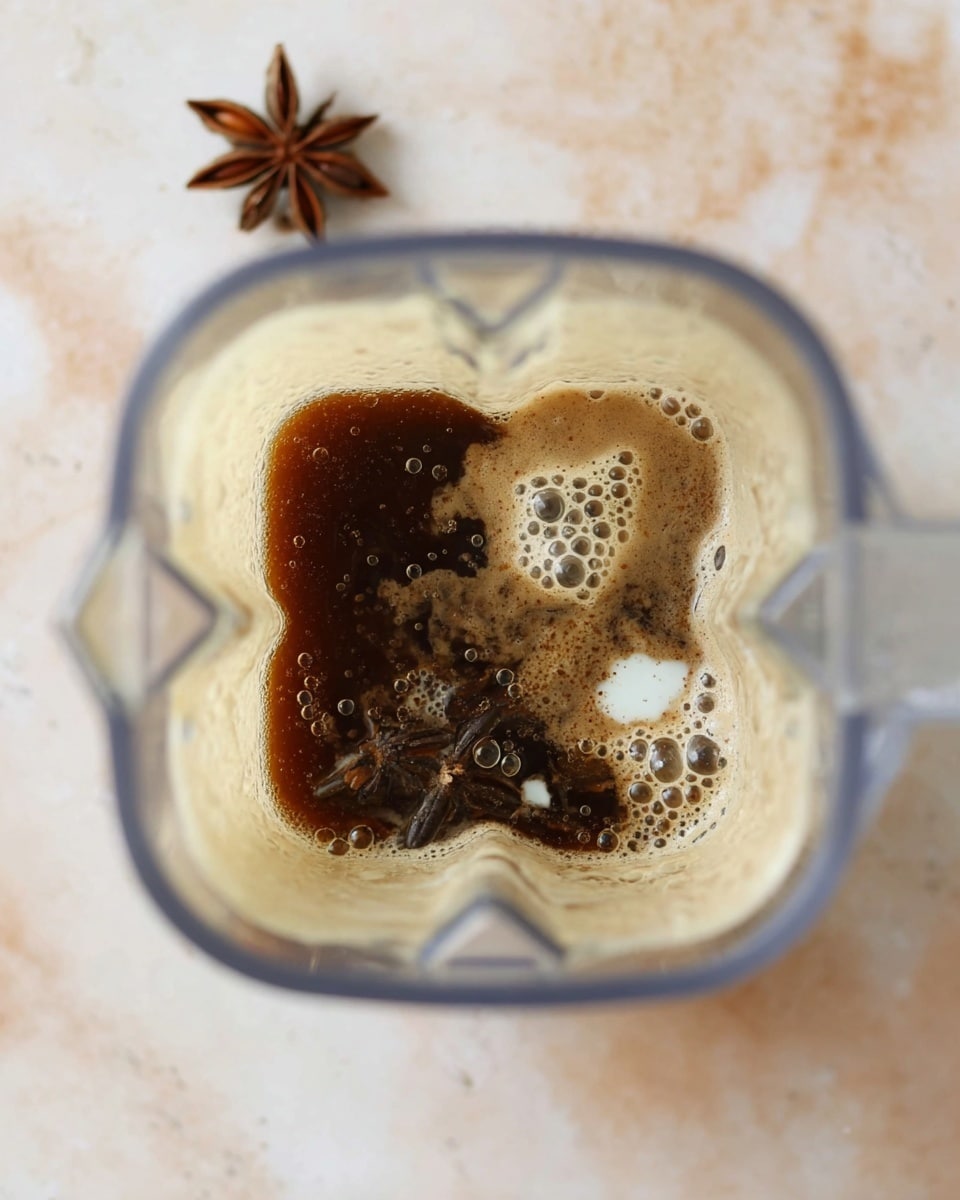 A top-down view inside a blender shows a liquid mixture made of two main layers. The bottom layer is creamy light beige with soft bubbles on the surface, while on top is a dark brown liquid spread unevenly, with small patches of white liquid within it. The blender container is clear with a slightly blurred white marbled surface visible beneath it. In the top left corner, a star anise spice is partly visible on the white marbled surface photo taken with an iphone --ar 4:5 --v 7