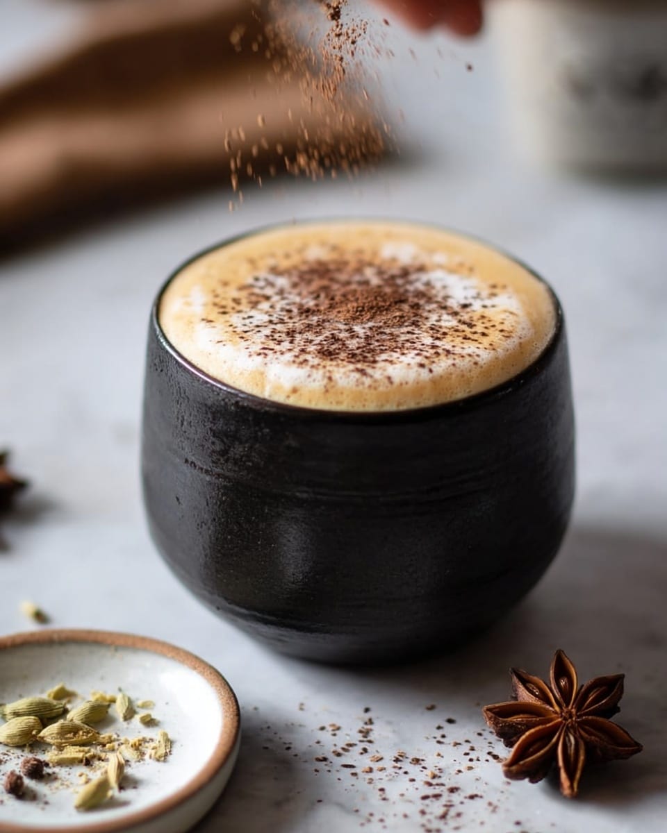 A black ceramic cup filled with a thick light tan foam on top, sprinkled evenly with dark brown powder, sitting on a white marbled surface. In front of the cup, there is a small white plate with some brown and green powdered spices scattered on it, and to the right, there is a star-shaped brown spice. A blurred woman's hand is visible at the top, appearing to sprinkle more powder onto the foam. Photo taken with an iphone --ar 4:5 --v 7