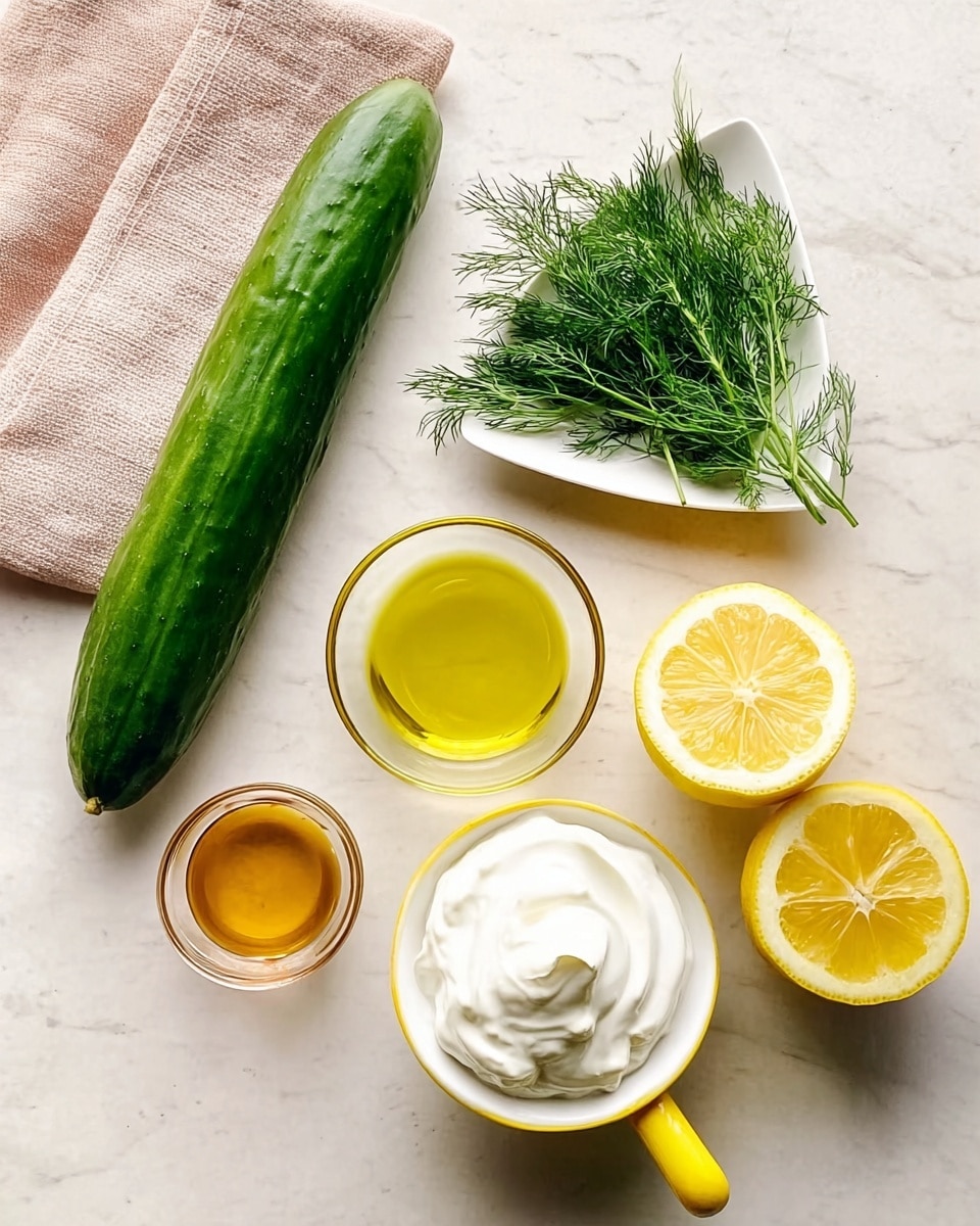 The image shows fresh cooking ingredients arranged on a white marbled surface. There is a long green cucumber placed horizontally on the left side next to a beige cloth. Near the top center, a white triangular plate holds bright green fresh dill leaves. To the right, two lemon wedges show their juicy yellow insides. Below the lemons, a small clear glass bowl contains golden-yellow olive oil. In the bottom center, a white bowl with a yellow handle is filled with thick, white yogurt. At the bottom left, there is a small glass of light brown vinegar. The photo is taken with an iphone --ar 4:5 --v 7