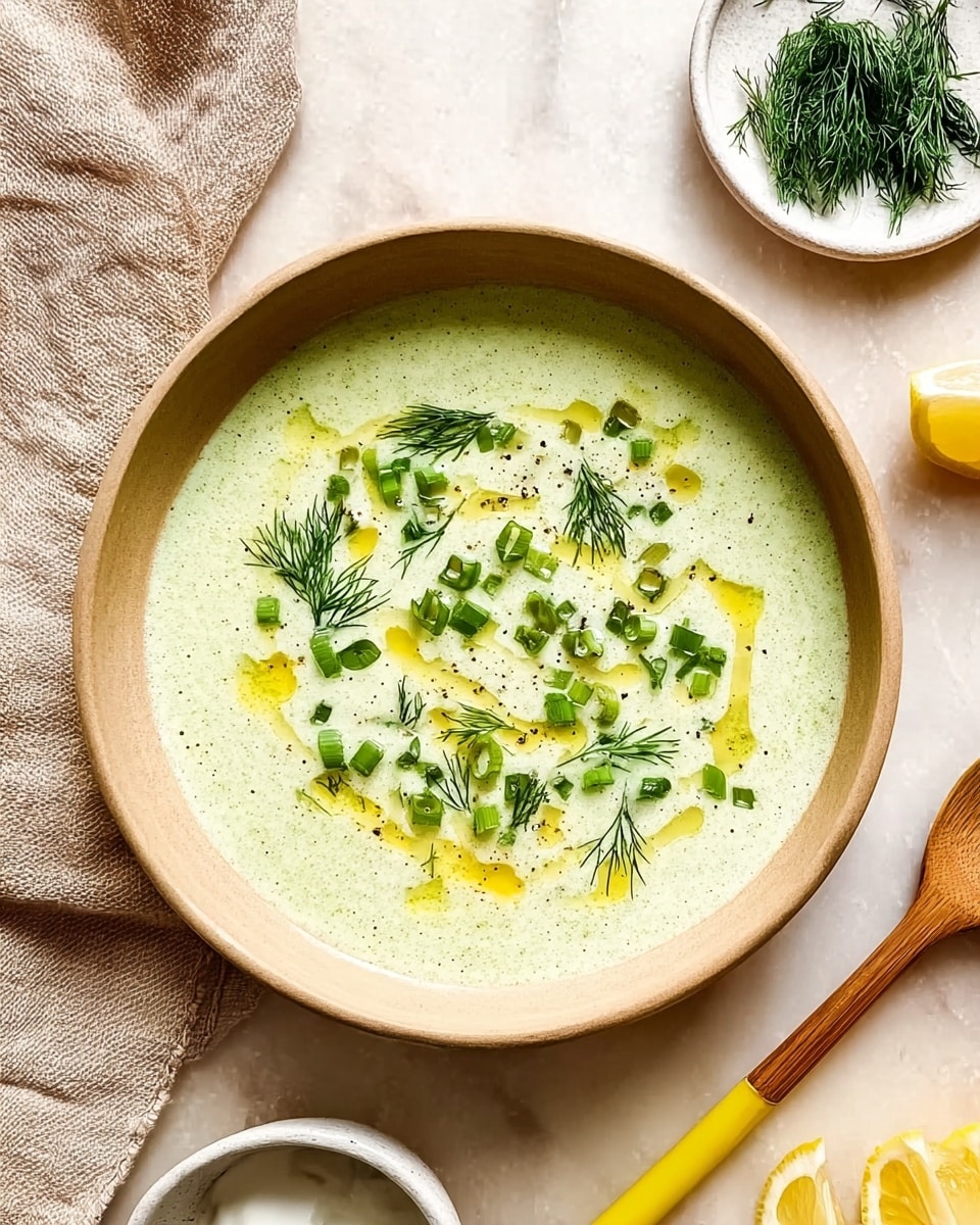 A round white bowl holds a light green creamy soup with a smooth texture. On top, fresh dill sprigs and small chopped green onions are scattered evenly, with drops of golden oil adding bright spots across the surface. The bowl sits on a white marbled texture. Around it, there is a beige cloth on the left side, a small white plate with extra dill on the top right, a wooden spoon to the right, and a yellow-handled white bowl with a creamy white substance on the bottom left. A small lemon wedge is visible on the bottom right. The scene is softly lit and cozy. photo taken with an iphone --ar 4:5 --v 7