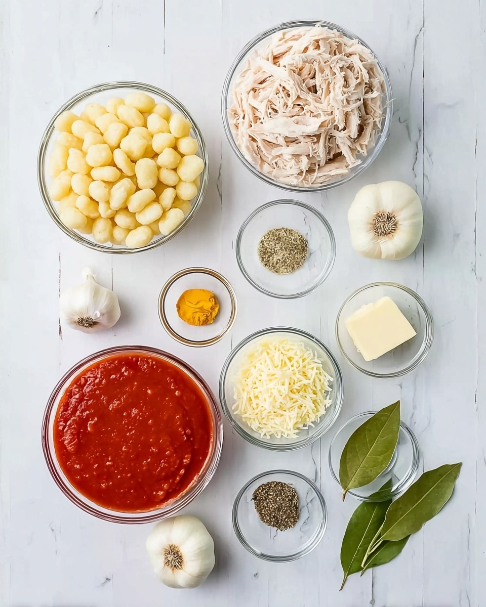 The image shows several clear glass bowls placed on a white marbled surface, each containing different cooking ingredients. At the top left sits a bowl filled with small, pale yellow gnocchi, while next to it on the right is a bowl with shredded cooked chicken, light beige in color. Below these, a large bowl of rich red tomato sauce is centered, surrounded by smaller bowls containing grated light yellow cheese, chopped white onions, fine ground black pepper, coarse black pepper, salt, a small cube of butter, minced garlic, bright yellow turmeric powder, and fresh green bay leaves. The ingredients are arranged neatly and spaced out, creating a clean and organized look. Photo taken with an iphone --ar 4:5 --v 7