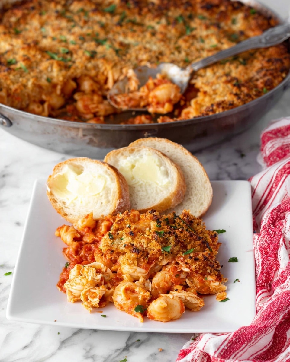 The image shows a white square plate with a serving of baked pasta layered with a rich red tomato sauce, melted cheese, golden brown crispy breadcrumb topping, and scattered green herbs on top. The pasta pieces are soft and covered in sauce, showing small bits of shredded chicken mixed in. Next to the pasta are two slices of white bread spread with creamy butter. In the background, there is a large round pan filled with the same baked pasta, showing a thick, crunchy, golden brown top layer. A silver spoon rests in the pan, and a red-and-white striped cloth is placed beside it on a white marbled surface. Photo taken with an iphone --ar 4:5 --v 7