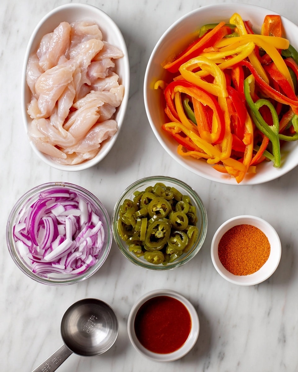 The image shows several white bowls and glass jars arranged on a white marbled surface, each holding different cooking ingredients. The largest white bowl at the top right is filled with long, thin strips of mixed bell peppers in bright colors of orange, red, yellow, and green. Below it to the left is another large white bowl holding pale pink raw chicken strips. To the right of the chicken bowl is a clear glass jar filled with thinly sliced purple and white onions. Below the onion jar is another glass jar containing chopped green jalapeños. To the right of the jalapeños is a small clear bowl of bright orange seasoning powder. At the bottom right corner, a small white bowl holds a red sauce. A metal measuring cup sits empty near the bottom left corner. The photo taken with an iphone --ar 4:5 --v 7