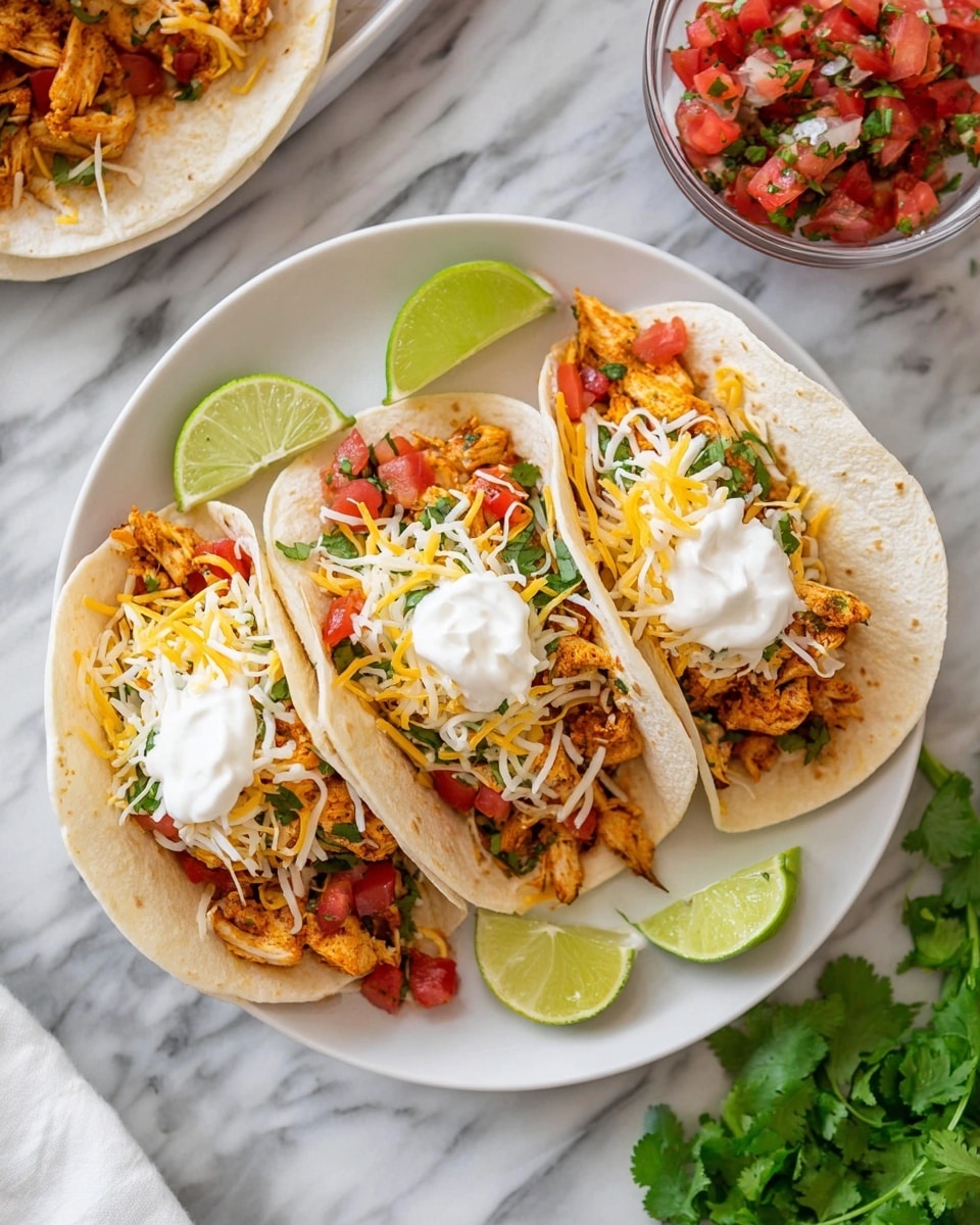 Three tacos are placed side by side on a white plate, each taco with three layers inside a soft white tortilla shell. The bottom layer is made of orange-brown cooked chicken pieces, topped with a mix of diced red tomatoes and green cilantro, then sprinkled with shredded yellow and white cheese. On top of each taco, there is a small dollop of white sour cream and a wedge of green lime on the left and right tacos. The plate sits on a white marbled surface, with a small glass bowl of red and white pico de gallo to the upper right and some fresh green cilantro leaves to the bottom right. Photo taken with an iphone --ar 4:5 --v 7