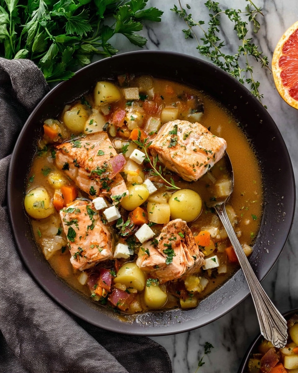 A dark bowl filled with a rich stew showing three large pink-orange fish pieces in the center, surrounded by small yellow and red potatoes and diced orange and white vegetables in a light brown broth. Garnished with small cubes of white cheese and sprinkled with chopped green herbs, with a sprig of thyme laying on top. A silver spoon rests inside the bowl, holding some stew with vegetables and cheese. The bowl sits on a white marbled surface with a folded gray cloth beside it, and a bunch of fresh green parsley and half a grapefruit nearby. Photo taken with an iphone --ar 4:5 --v 7
