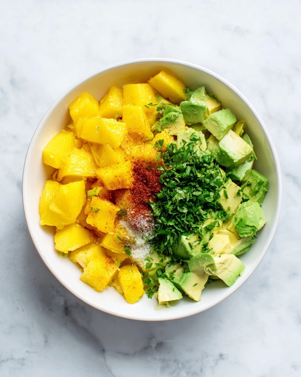 A white bowl sits on a white marbled surface, filled with three main layers: bright yellow diced mango pieces on the left, light green chopped avocado chunks on the right, and a small pile of dark red chili powder and white salt sprinkled between the mango and avocado. On top of the mango, there is a small grouping of finely chopped fresh green herbs. The textures contrast from the soft avocado to the firm mango pieces, all arranged neatly in the bowl. Photo taken with an iphone --ar 4:5 --v 7