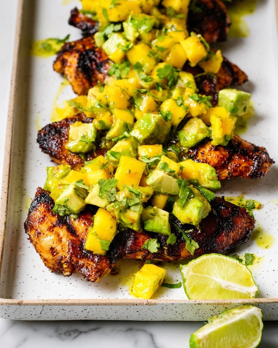 The dish shows grilled chicken pieces arranged side by side on a white rectangular tray with a speckled surface. The chicken has a dark brown, slightly charred texture with grill marks, giving a smoky look. On top of the chicken, there is a chunky salsa made of bright yellow mango cubes mixed with green avocado chunks, scattered with small green cilantro leaves. The salsa looks fresh and juicy, sitting thickly over the grilled chicken. In the bottom foreground, there is a squeezed lime half on the white marbled surface. photo taken with an iphone --ar 4:5 --v 7