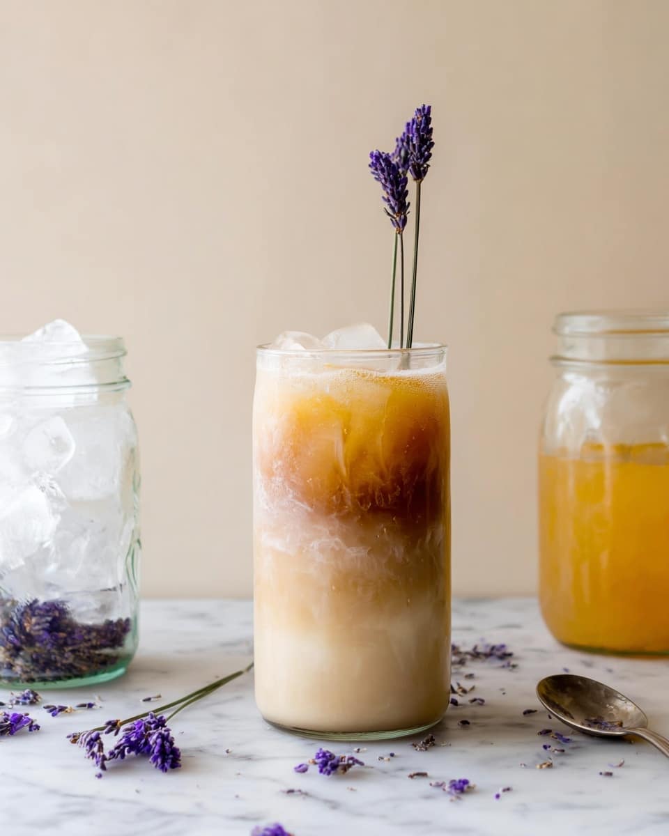 A tall glass jar filled with a creamy drink that has three visible layers: a light beige milky layer at the bottom, a swirling mix of light brown and beige in the middle, and a darker caramel brown layer floating on top, with bubbles near the surface. Each jar has a thin sprig of small, purple lavender flowers standing upright inside. To the left is an empty glass jar with clear ice cubes and a lavender sprig inside. In front of the jars on a white marbled surface are a silver spoon and scattered lavender petals. To the right, there is a partially visible jar with a golden yellow liquid. The whole scene is set against a plain soft beige background. photo taken with an iphone --ar 4:5 --v 7