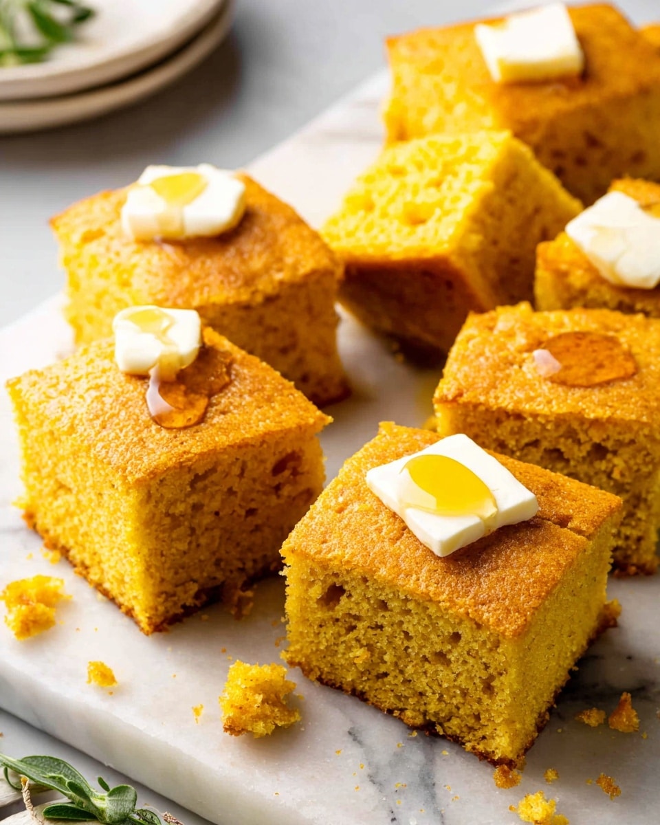 Several golden-yellow cornbread squares with a soft, crumbly texture are arranged on a white marbled surface. Some squares are topped with a light yellow pat of butter and a drizzle of golden syrup, creating a shiny, smooth layer on top. The cornbread pieces have slightly rough edges and small crumb bits scattered around them, adding to their rustic look. In the background, there is a partial view of a white plate and some green herb sprigs. photo taken with an iphone --ar 4:5 --v 7