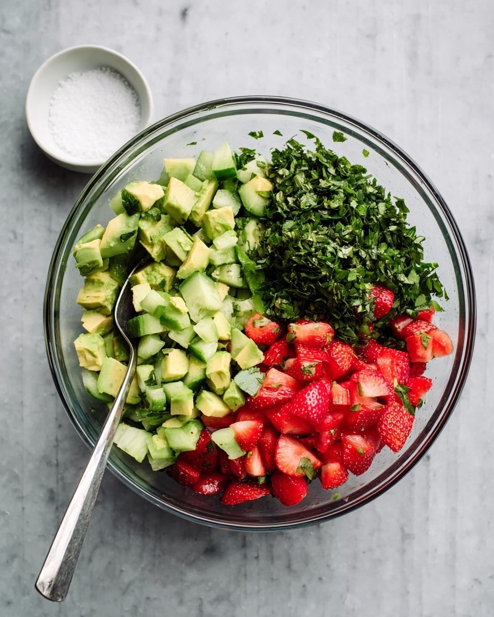A clear glass bowl sits on a white marbled surface, filled with four main layers of freshly chopped ingredients arranged separately. At the top right, there is a dense pile of finely chopped dark green herbs. To the left of the herbs, light green diced cucumber pieces fill the space, followed by slightly larger, chunky pale green avocado pieces layered below. The bottom layer is made up of bright red diced strawberries, which contrast with the greens above. A metal spoon is placed inside the bowl, resting towards the center. A small white bowl filled with salt is placed next to the main bowl. Photo taken with an iphone --ar 4:5 --v 7