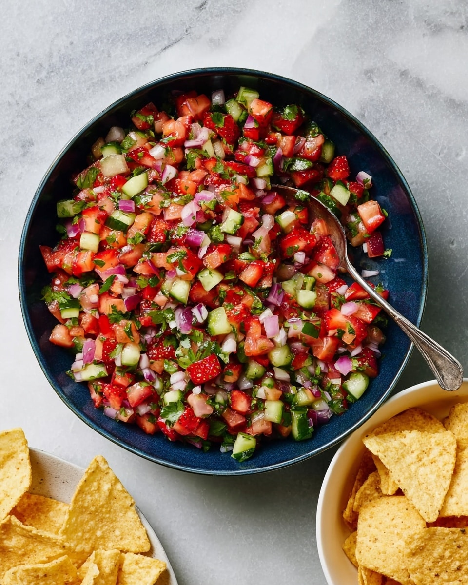 A dark blue bowl filled with a colorful mix of finely chopped strawberries, cucumbers, red onions, and green herbs, creating a vibrant, fresh salad with red, green, and purple tones. The salad pieces are small and evenly diced, giving a textured, layered look. A silver spoon rests inside the bowl on the right side. Next to the bowl, there is a white bowl filled with yellow tortilla chips, and some chips lay on the white marbled surface around the bowls. Photo taken with an iphone --ar 4:5 --v 7