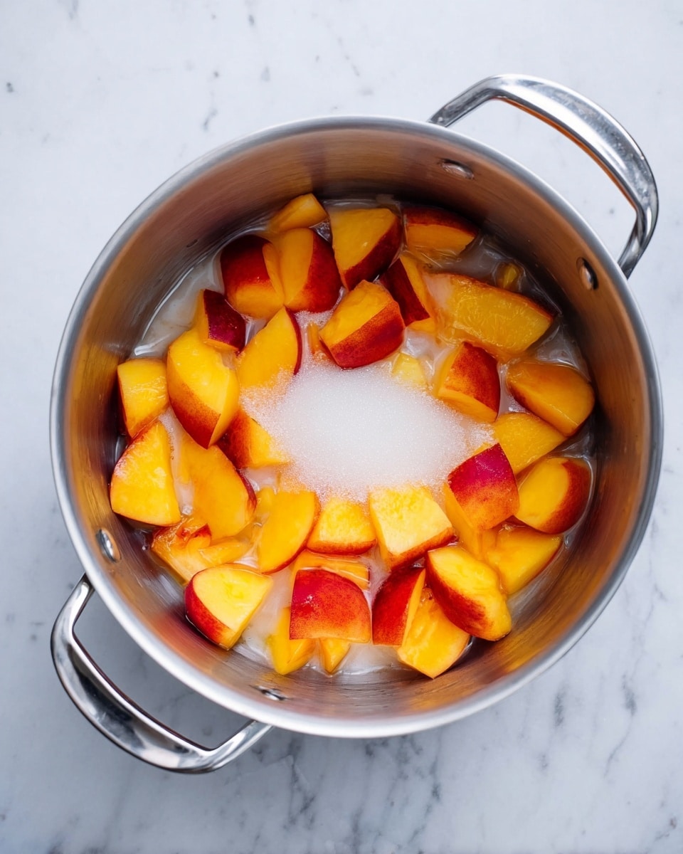 A silver cooking pot with two handles sits on a white marbled surface, filled with a small pile of white granulated sugar spread at the bottom center. Around the sugar, there are bright orange-yellow peach pieces with red skin, roughly chopped and scattered inside the pot. The pot’s smooth metallic interior reflects light softly, showing the juicy texture of the fruit pieces mixed with some clear liquid. Photo taken with an iphone --ar 4:5 --v 7