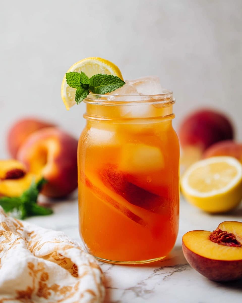 A clear glass jar filled with bright orange iced tea, showing several large ice cubes floating near the top. Inside the jar, there are peach slices with red and orange skin visible, partially submerged and leaning against the jar’s sides. At the rim, a thin lemon wedge with a yellow rind is placed, along with fresh green mint leaves adding contrast and freshness. Around the jar, there are whole peaches with red and orange colors, a cut peach showing the pit, and lemon halves with bright yellow and white details on a white marbled surface. In the foreground, a white cloth with brownish-orange patterns is softly draped. Photo taken with an iphone --ar 4:5 --v 7