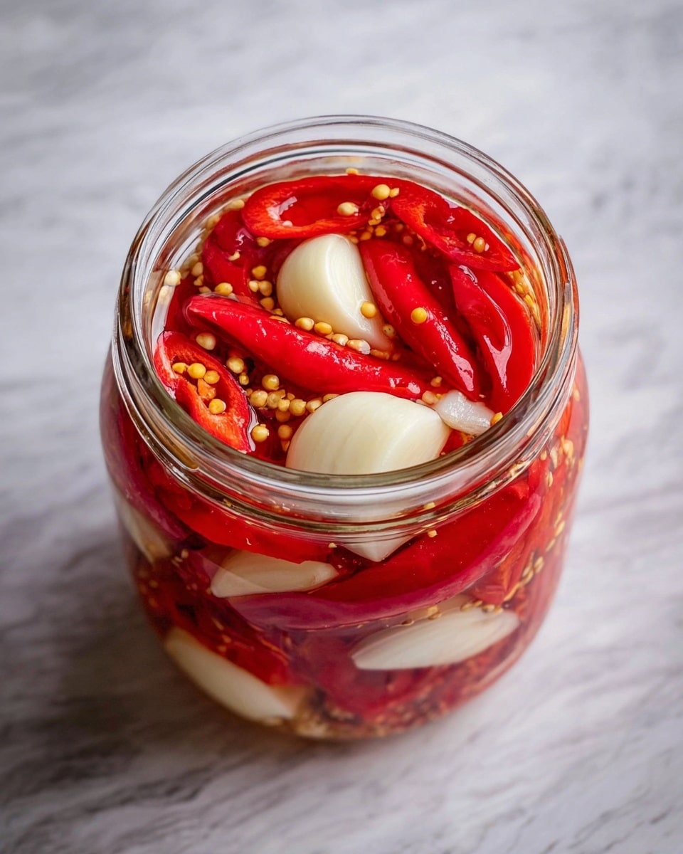 A clear glass jar filled with bright red chili pepper slices layered with white onion pieces and two whole peeled garlic cloves. Small yellow mustard seeds are scattered throughout the jar, and the ingredients are all soaking in a liquid, giving a shiny and wet look. The jar sits on a white marbled texture with soft natural light highlighting the vibrant colors inside. Photo taken with an iphone --ar 4:5 --v 7