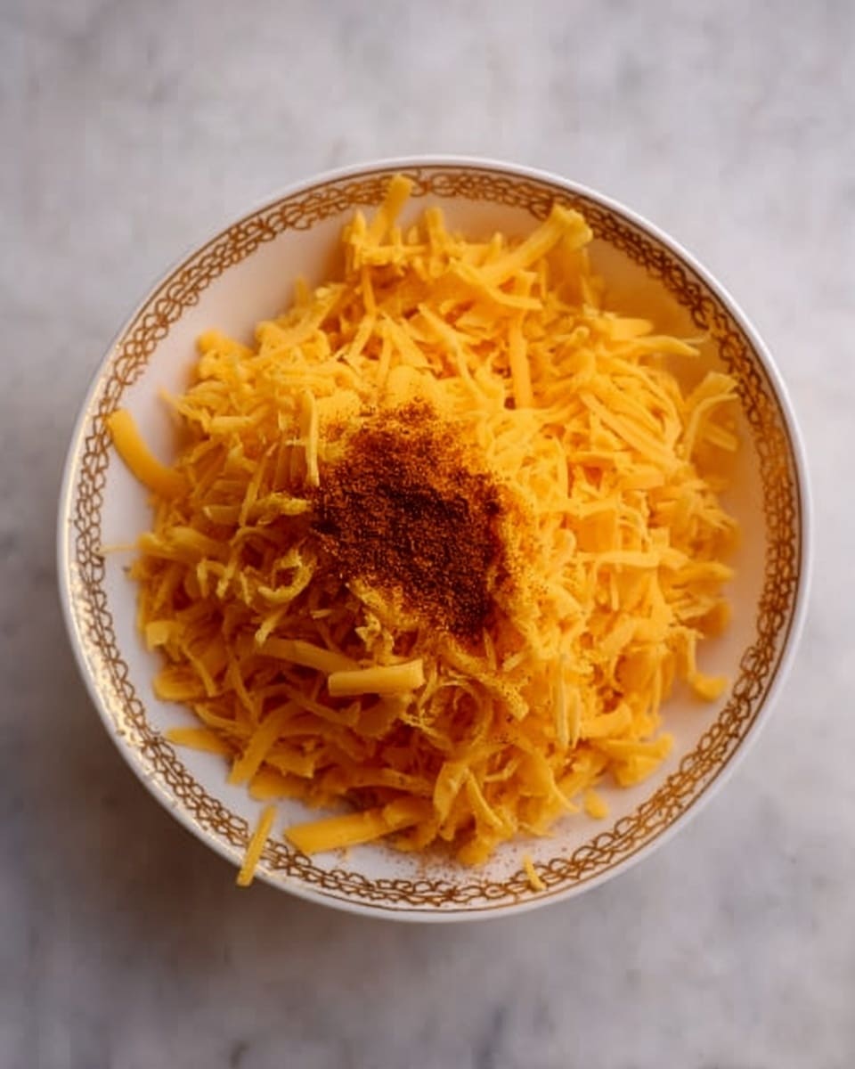 A white bowl with a golden pattern around the edge is filled with shredded bright orange cheese, creating a rough texture all over the bowl. In the center, there is a small pile of finely ground brown spice, which adds a contrast to the cheese’s vibrant color. The bowl sits on a white marbled surface, making the colors stand out clearly. Photo taken with an iphone --ar 4:5 --v 7