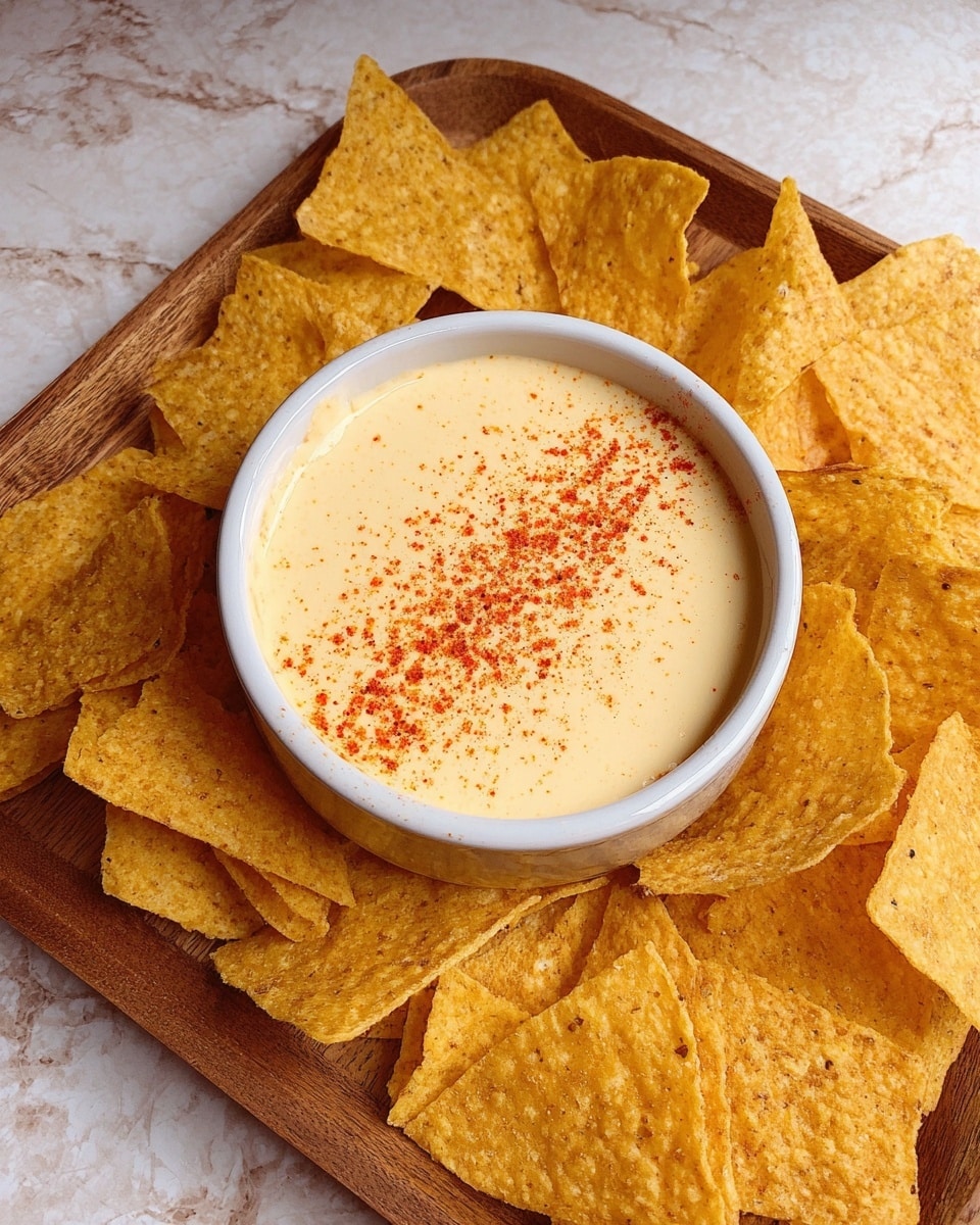 A white bowl filled with smooth, creamy cheese dip topped with a sprinkle of red chili powder in a line across the center, sitting on a wooden tray surrounded by many triangular yellow corn tortilla chips with a rough texture. The tray rests on a white marbled surface. photo taken with an iphone --ar 4:5 --v 7