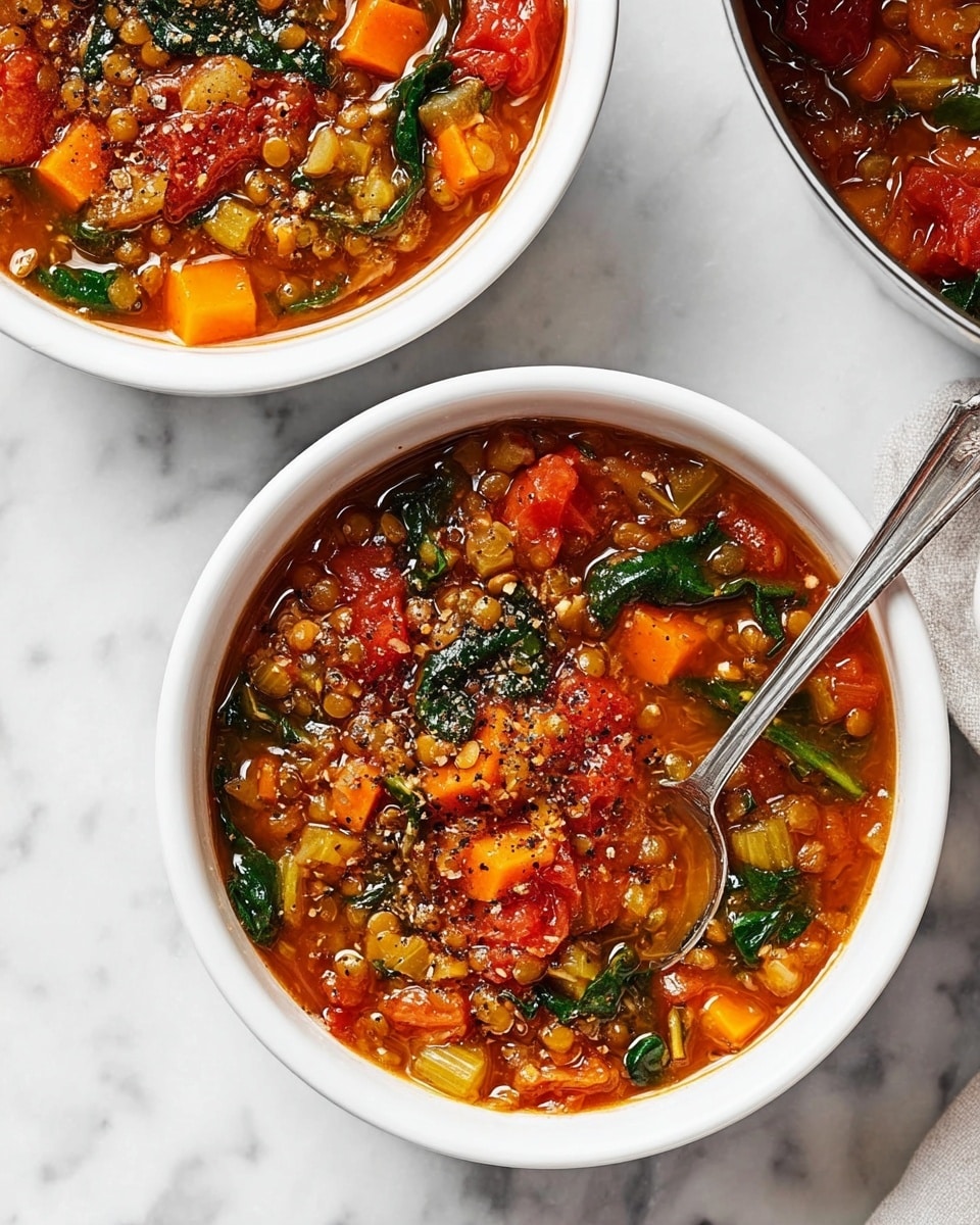 The image shows two white bowls filled with a rich, chunky vegetable soup on a white marbled surface. The soup has a reddish broth with visible layers of diced orange carrots, green spinach leaves, celery, and whole cherry tomatoes, creating a colorful mix of textures. The top bowl shows the soup with finely cracked black pepper sprinkled over it, while the bottom bowl contains a silver spoon resting inside, partially submerged in the hearty soup. The soup’s texture appears thick and hearty, with small bits of lentils or grains also visible throughout. Photo taken with an iphone --ar 4:5 --v 7