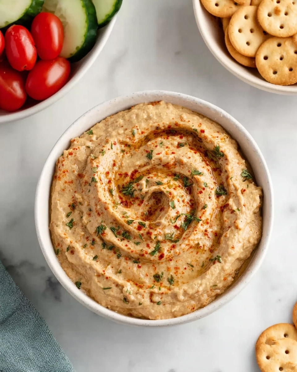 A white bowl filled with a creamy light brown dip that has a smooth, thick texture with small bits. The top of the dip is swirled in a soft spiral pattern and sprinkled with small green herbs and reddish spices, giving it a fresh and colorful look. To the upper left, there is a white bowl with bright red grape tomatoes and thick cucumber slices. At the top right, there is part of a white bowl filled with small, round crackers with holes and a golden brown color. The whole scene is set on a white marbled surface. Photo taken with an iphone --ar 4:5 --v 7