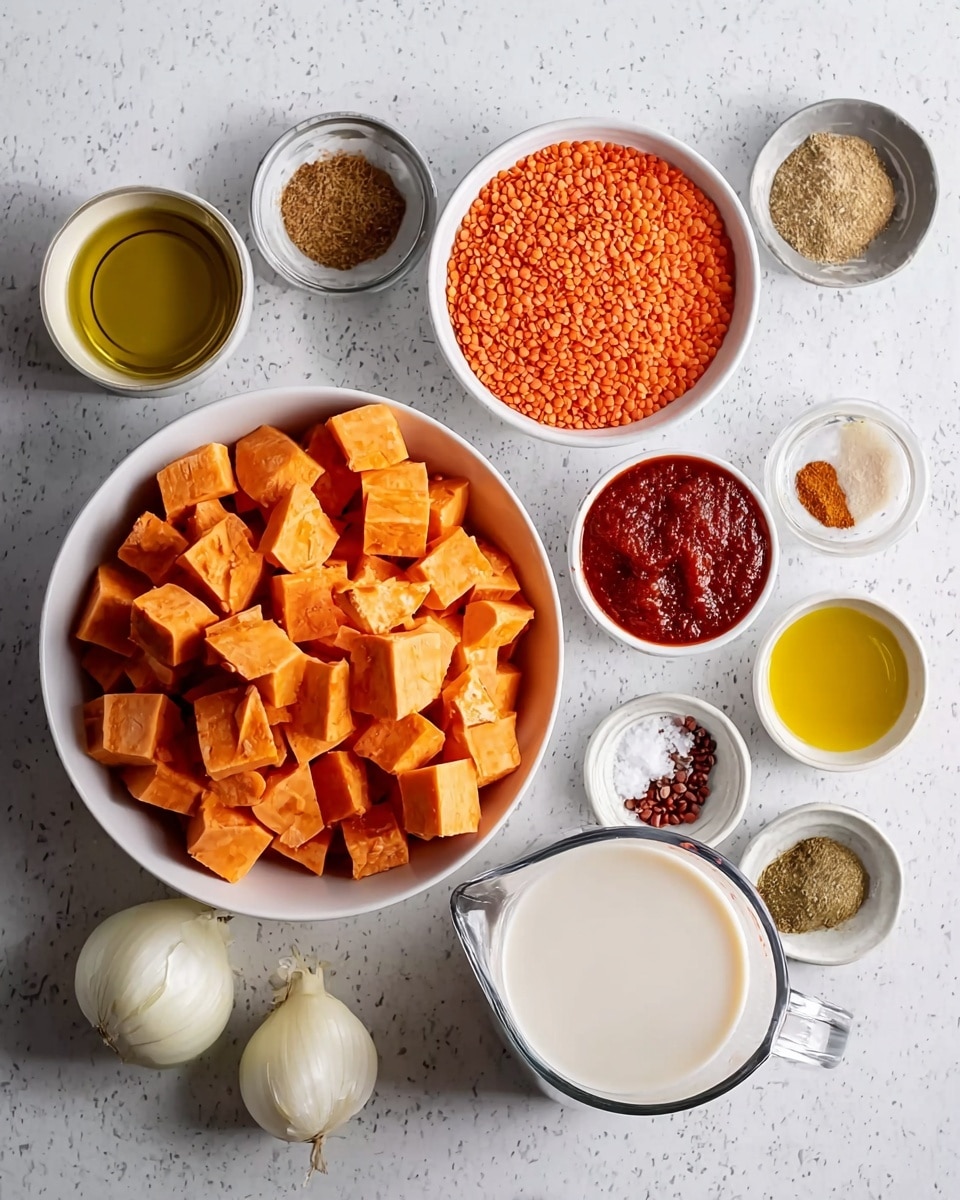 A white bowl filled with bright orange cubed sweet potatoes sits prominently in the lower left, next to a smaller bowl of red lentils to the upper left. Around them are small white bowls containing olive oil, peeled garlic cloves, tomato paste, grated ginger, and two dishes with different spices, including salt and pepper. A white onion half lies between the bowls, near a clear glass measuring jug filled with light brown broth and another jug filled with white coconut milk on a white marbled textured surface. Photo taken with an iphone --ar 4:5 --v 7