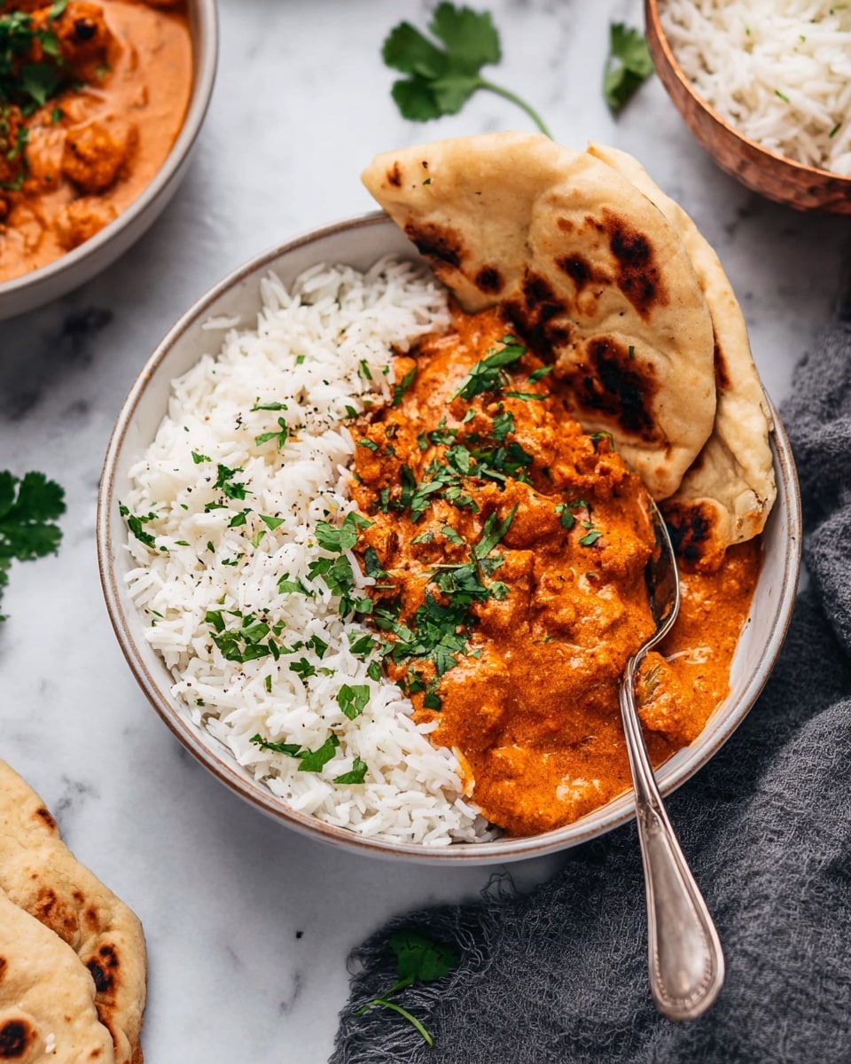In a white bowl on a white marbled surface, there is a dish with two main layers: on the left side, fluffy white rice with a light sprinkle of green herbs, and on the right side, a rich orange creamy curry with chunks of soft ingredients, topped with fresh green cilantro leaves. Two folded pieces of lightly browned flatbread rest along the right edge of the bowl. A silver spoon is partially submerged in the curry, angled slightly towards the bottom center. Additional bowls of rice and curry, and some scattered cilantro leaves, can be seen around the main bowl. photo taken with an iphone --ar 4:5 --v 7