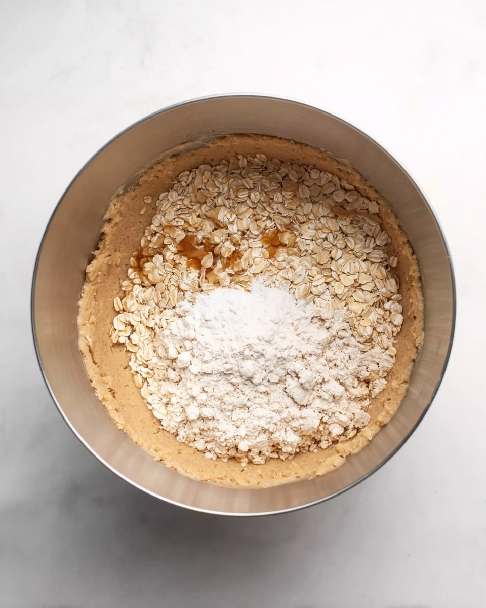 Inside a silver mixing bowl, there are three clear layers visible from the top: the bottom layer is thick, light brown dough pressed against the sides and base; on top of the dough, there is a layer of pale beige rolled oats in loose clusters; sitting above the oats is a small heap of white flour with a faint drizzle of light amber syrup on it. The bowl rests on a white marbled surface. Photo taken with an iphone --ar 4:5 --v 7
