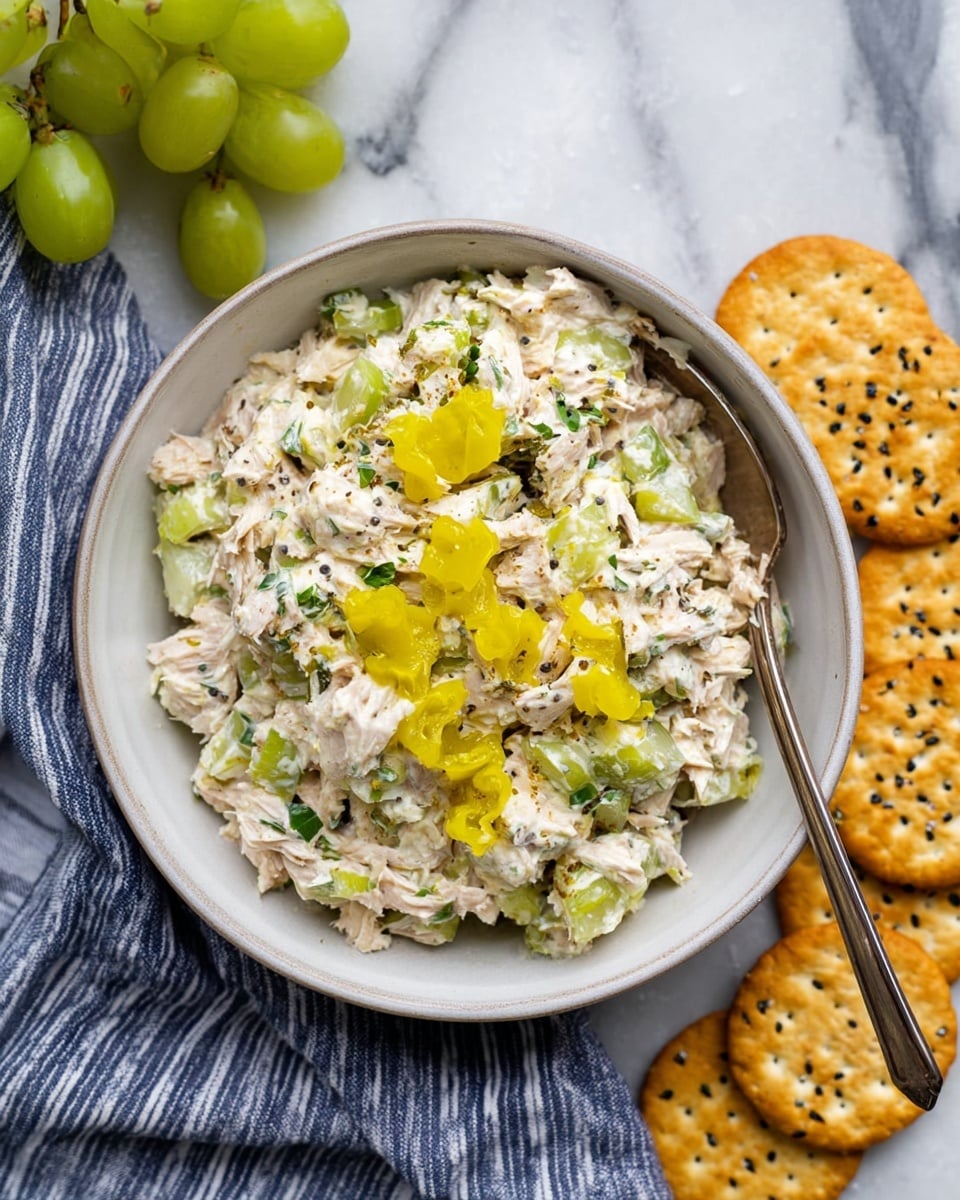 The image shows a white bowl filled with a creamy tuna salad mixed with chopped green celery and herbs, topped with small bright yellow chunks of pickled peppers scattered on the surface. A vintage silver spoon rests inside the bowl on the right side, partly submerged in the salad. The bowl is placed on a white marbled surface with a blue and white striped cloth partially visible underneath. Around the bowl are round golden crackers with black sesame seeds, arranged in a loose circle touching the bowl. Some green grapes are slightly visible in the top left corner photo taken with an iphone --ar 4:5 --v 7