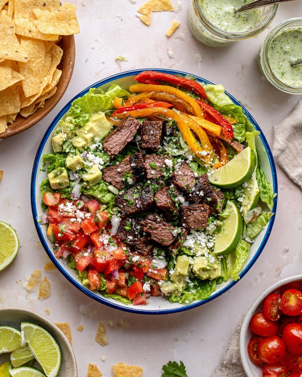 A white bowl with a blue rim holds a fresh salad with several layers: a base of green lettuce leaves fills the bowl, topped with chopped red cherry tomatoes on one side, diced green avocado pieces on another, and strips of yellow and red bell peppers mixed with cooked brown onions forming a semi-circle on the top. In the center, there are grilled dark brown pieces of steak garnished with finely chopped green herbs. The salad is sprinkled with white crumbled cheese and has two lime wedges placed on top near the steak. The bowl sits on a white marbled surface with scattered crumbs, a white bowl of tortilla chips above it, a clear jar of green cilantro sauce with a spoon inside to the right, and fresh lime halves and another bowl of cherry tomatoes nearby. Photo taken with an iphone --ar 4:5 --v 7