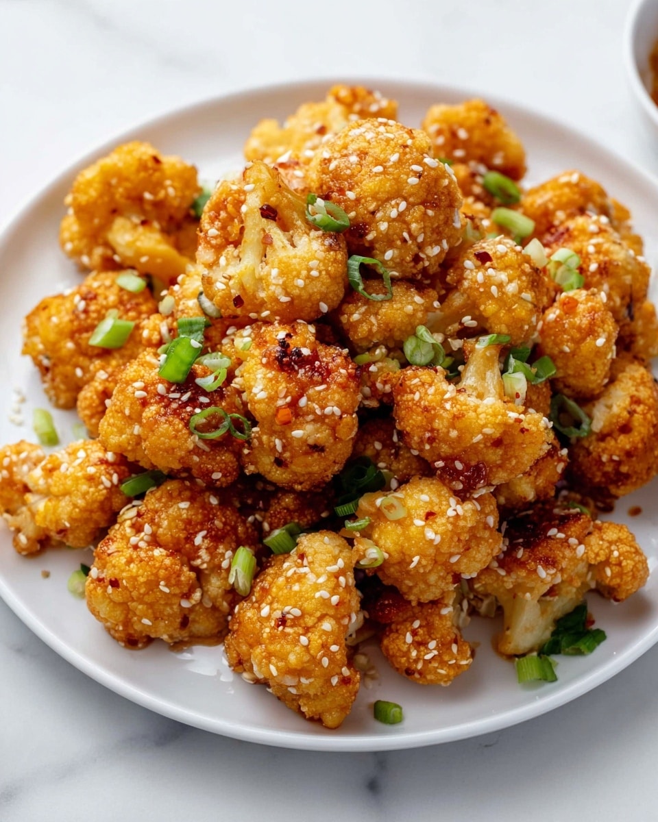 A white plate is piled high with many small, golden-brown fried cauliflower pieces, each piece having a crispy texture with slightly rough surfaces. The cauliflower pieces are sprinkled with small white sesame seeds and bright green chopped scallions on top, adding fresh color contrast. The plate rests on a white marbled surface, giving a clean and simple background to the vibrant food photo taken with an iphone --ar 4:5 --v 7