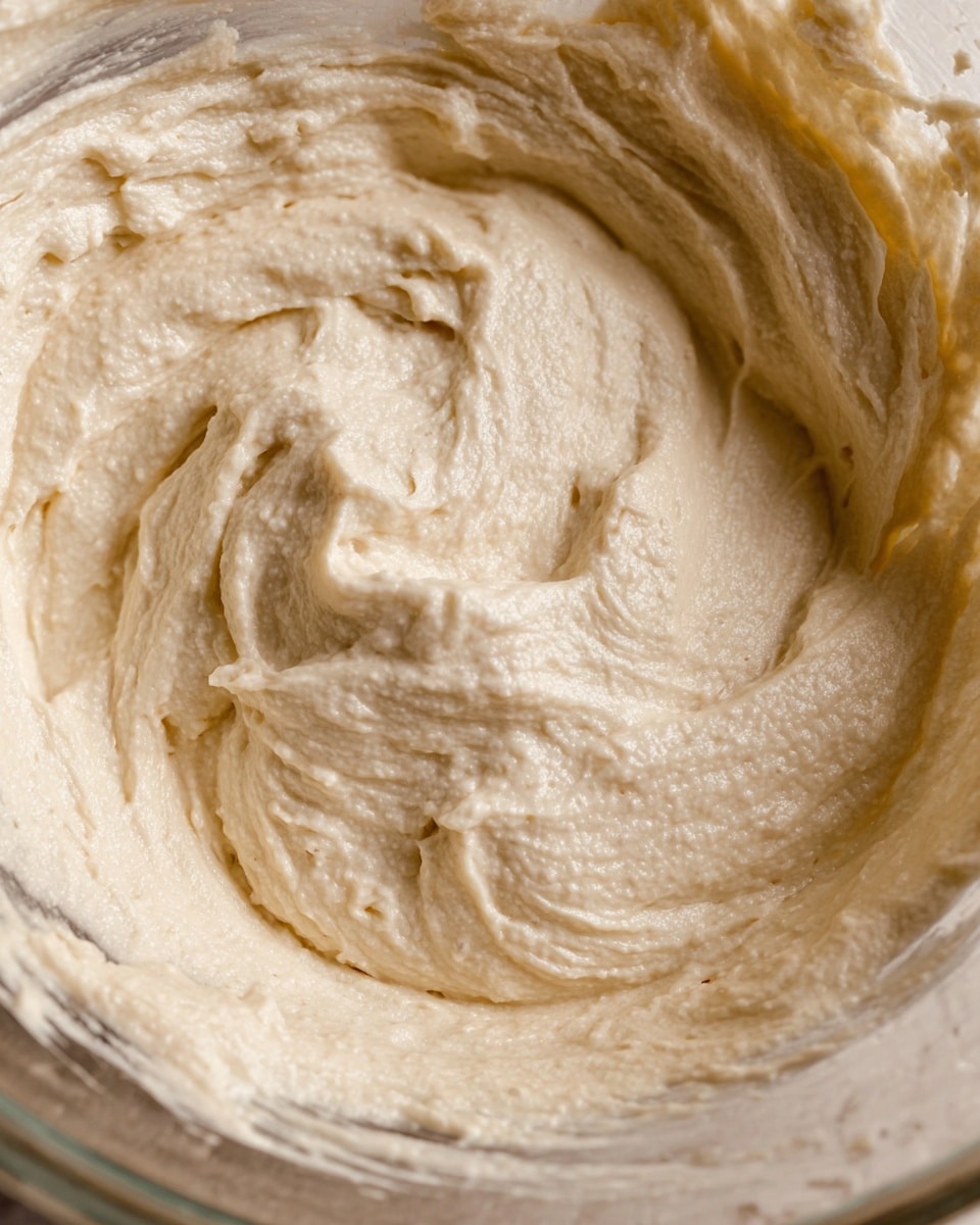 A close-up view of a thick, creamy beige spread with a slightly grainy texture fills almost the entire white marbled background. The spread is inside a clear glass bowl, with the transparent edge visible at the top and bottom right of the image. The surface of the spread shows soft swirls and peaks, highlighting its smooth yet slightly lumpy consistency. The overall look conveys a freshly mixed, rich and spreadable dish. photo taken with an iphone --ar 4:5 --v 7