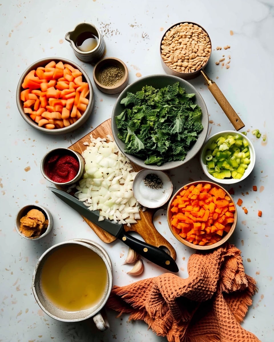 The image shows ingredients arranged on a white marbled surface, including a small pile of white chopped onions on a wooden cutting board with a black-handled knife resting on it. Around the board are bowls filled with orange diced carrots, bright green chopped celery, fresh dark green kale leaves, and pale beige beans. There is a small bowl with a red paste, another with a brownish paste, and a third with mixed herbs. A ceramic cup holds a light yellow broth, and a small cup contains light brown grains with a wooden handle extending to the right top side. Two garlic cloves and a folded textured orange cloth are near the bottom right corner. photo taken with an iphone --ar 4:5 --v 7
