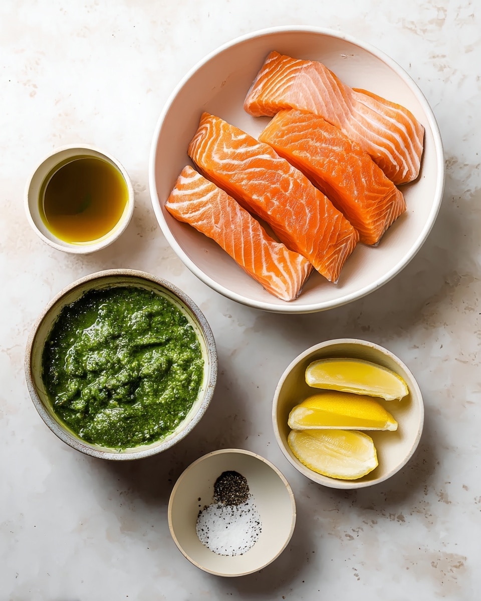 The image shows five bowls on a white marbled surface. At the top is a large white bowl holding four pieces of bright orange raw salmon with visible white stripes. Below this bowl are four smaller white bowls arranged loosely: the top middle bowl contains a thick, rough green sauce with a chunky texture, the bottom left bowl holds a small amount of golden oil, the bottom middle bowl contains a mix of white salt and black pepper, and the bottom right bowl includes four yellow lemon wedges. photo taken with an iphone --ar 4:5 --v 7