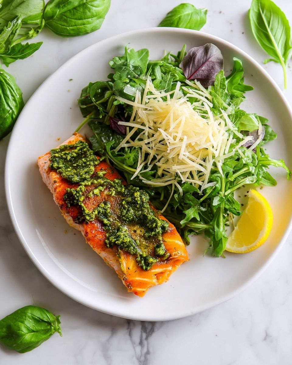 The dish shows one layer of cooked salmon with an orange and slightly charred texture on the bottom left of a round white plate, topped with a thick, bright green pesto sauce spread evenly on top. To the right side of the salmon, there is a fresh salad layer of dark green arugula leaves mixed with thin shreds of light-colored cheese, with a quarter slice of yellow lemon resting on the edge of the salad. The plate sits on a white marbled surface with scattered green basil leaves nearby. Photo taken with an iphone --ar 4:5 --v 7