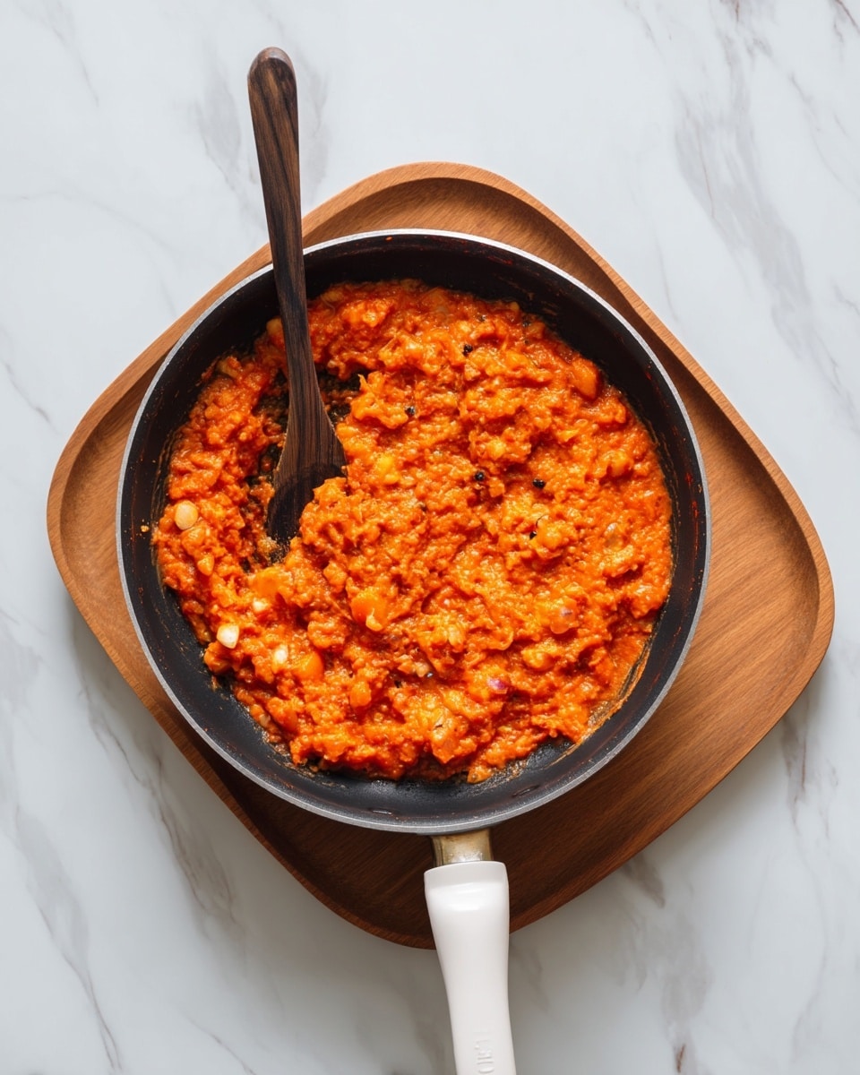 This image shows a black frying pan with a white handle placed on a wooden board over a white marbled surface. Inside the pan, there is a thick, chunky orange mixture with visible small orange and light beige pieces that look soft and cooked. A dark spoon is resting in the pan, partly submerged in the mixture, showing its thick and slightly coarse texture. photo taken with an iphone --ar 4:5 --v 7