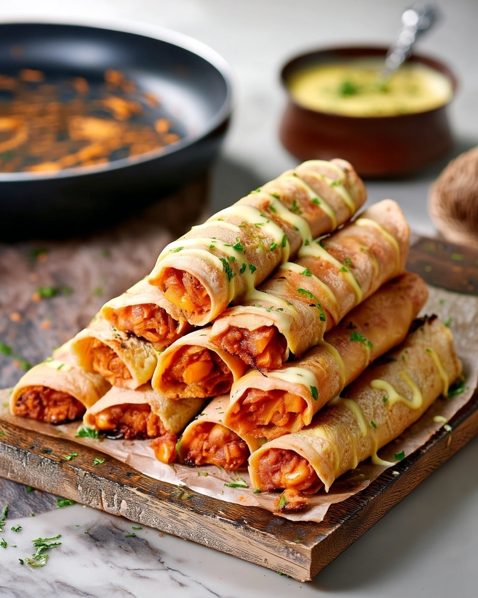 The image shows a stack of nine rolled tortillas filled with a warm, reddish-orange mixture of beans and vegetables. The tortillas are light golden brown with a soft and slightly crisp texture. They are lined up in three layers on a piece of parchment paper over a rustic wooden board. Each roll has a drizzle of a pale yellow creamy sauce and small green herb bits sprinkled on top. In the background, there is a black pan with food and a round brown bowl with more of the yellow sauce, all set on a white marbled surface. Photo taken with an iphone --ar 4:5 --v 7