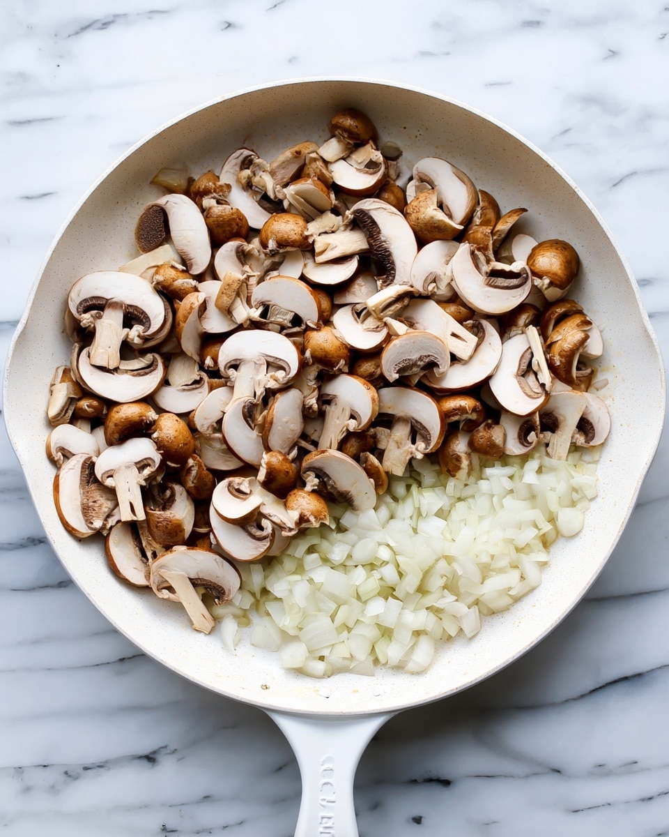 A white skillet filled with two layers of ingredients on a white marbled surface. The bottom layer is small chopped white onion pieces that cover about one quarter of the pan on the right side. The top layer is many light brown sliced mushrooms with darker brown gills, covering most of the pan except the bottom right corner. The skillet handle extends toward the bottom right of the image. Photo taken with an iphone --ar 4:5 --v 7