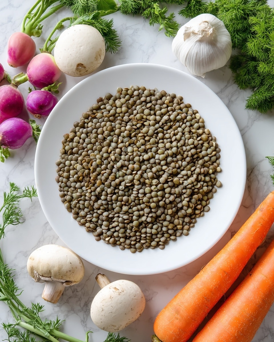A white plate filled full of small round green lentils is centered on a white marbled surface. Around the plate, there are two orange carrots with green tops on the right, a white garlic bulb below the carrots, two white mushrooms with light brown stems on the top left, and two root vegetables with white and bright purple coloring on the bottom left. Green leafy herbs lie above the plate. The textures of the lentils are smooth and dry, and the vegetables and herbs have natural rough and fresh appearances. Photo taken with an iphone --ar 4:5 --v 7