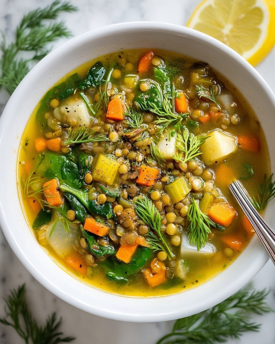 A white bowl filled with a warm lentil soup containing multiple layers of ingredients. The base layer is a clear golden broth, topped with greenish lentils, small orange carrot cubes, pale white potato pieces, chopped celery, and fresh green spinach leaves. Sprigs of bright green dill are scattered lightly on top for garnish. A silver spoon is resting inside the bowl on the right side. The bowl sits on a white marbled surface with a lemon wedge and some loose dill nearby. Photo taken with an iphone --ar 4:5 --v 7