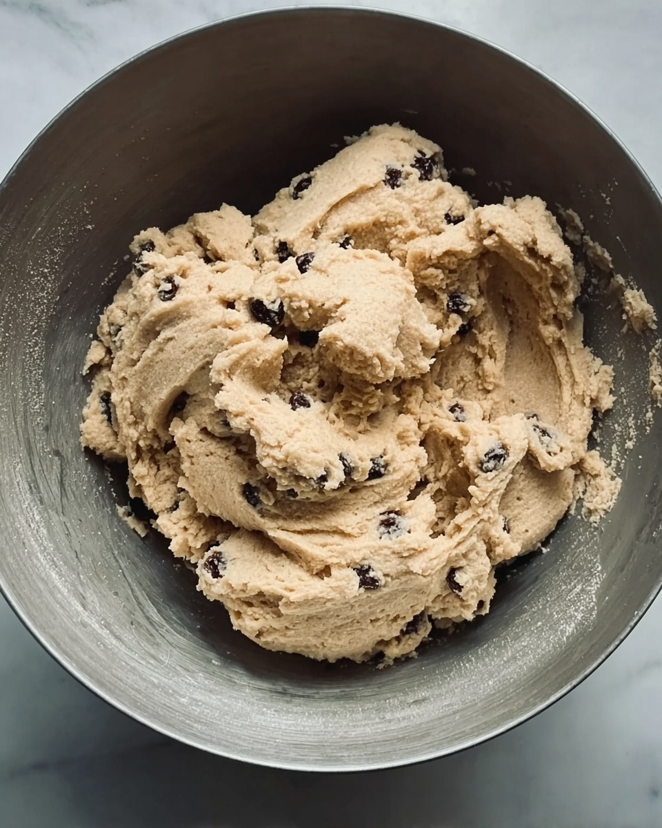 The image shows a grey mixing bowl filled with thick, light brown cookie dough that has a rough texture and small dark brown raisins mixed evenly throughout. The dough is piled unevenly inside the bowl, with some parts pushed against the sides. The bowl's metal surface is smooth and slightly reflective. The background is a white marbled texture. Photo taken with an iphone --ar 4:5 --v 7