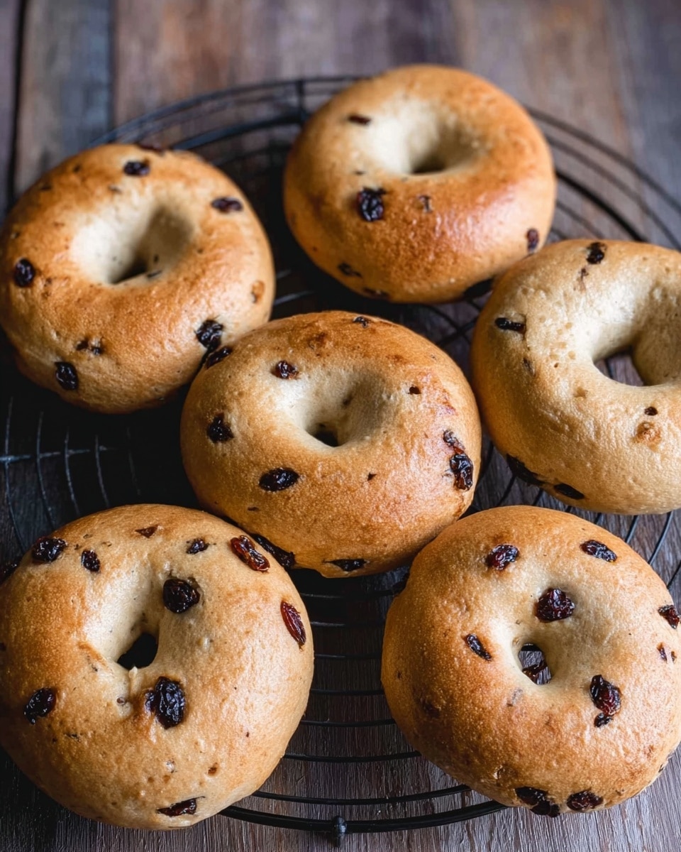 The image shows six round bagels with a light golden-brown color and visible dark raisins or dried fruits embedded inside. Each bagel has a smooth, slightly shiny crust and a hole in the center. They are placed on a black round wire cooling rack over a wooden surface, with the bagels evenly spaced and some overlapping at the edges. The texture appears soft and slightly dense with small cracks around the surface. photo taken with an iphone --ar 4:5 --v 7