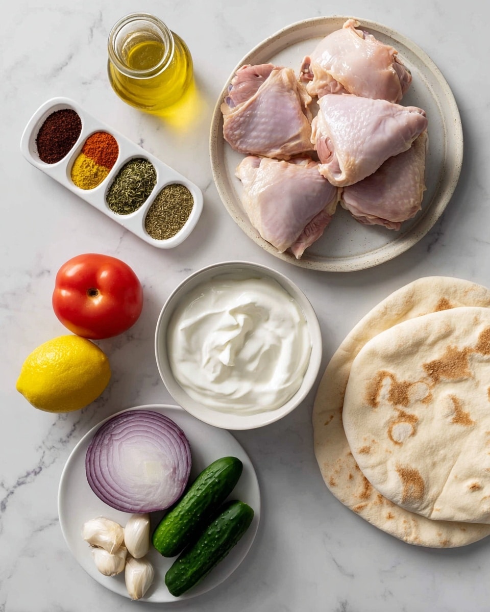 The image shows a white plate on the top right holding several pieces of raw chicken thighs with pale pink skin and fat lines. Below it is a white bowl filled with thick, smooth white yogurt. To the left of the bowl is a small white dish divided into five sections, containing different spices: brown, green, red, light pink, and black. Next to this dish is another smaller white bowl with dried green herbs. At the bottom left, there is a white plate with a red tomato, a yellow lemon, a dark green cucumber, half a purple onion, and four garlic cloves. On the right side of the image, there is a stack of light beige pita bread with a slightly toasted surface placed on a white marbled background. There is also a small glass jar with golden-colored oil on the top left corner. Photo taken with an iphone --ar 4:5 --v 7