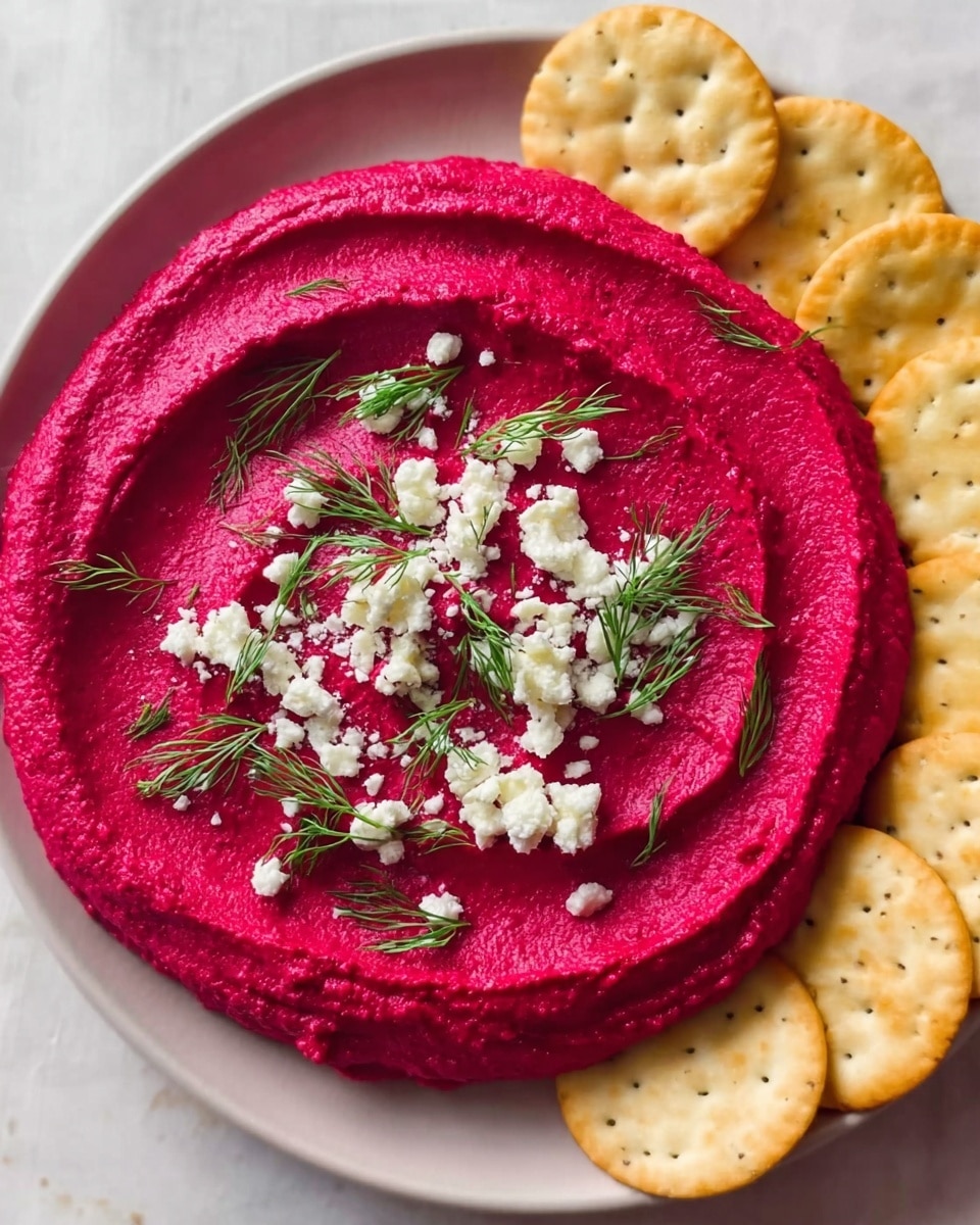 A white plate filled with bright pink smooth beet hummus spread in a thick single layer with swirled texture. On top, there are small white crumbled cheese pieces scattered mostly in the center. Fresh green dill sprigs are spread evenly over the cheese and hummus, adding contrast. Around the plate, round light yellow crackers slightly overlap each other on a white marbled background. photo taken with an iphone --ar 4:5 --v 7