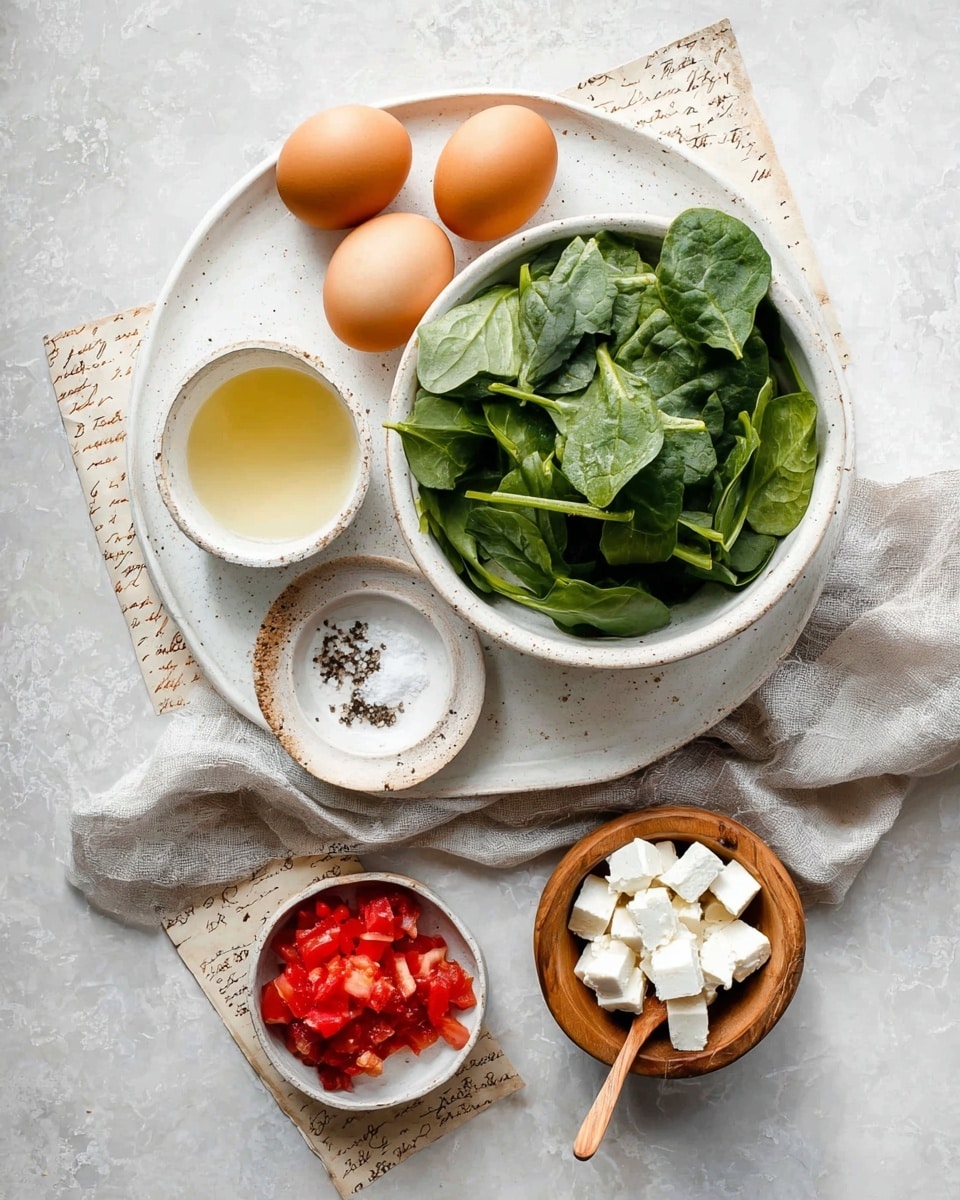 A white plate holds three brown eggs, a small white bowl with salt and pepper, a larger bowl filled with fresh green spinach leaves, and a small wooden bowl with white cheese cubes. Below the plate, a small white bowl contains chopped red tomatoes with a wooden spoon inside. A light gray cloth is placed partly under the plate, all on a white marbled surface with old handwritten paper pieces underneath. Nearby there is a small white cup filled with light yellow liquid. photo taken with an iphone --ar 4:5 --v 7