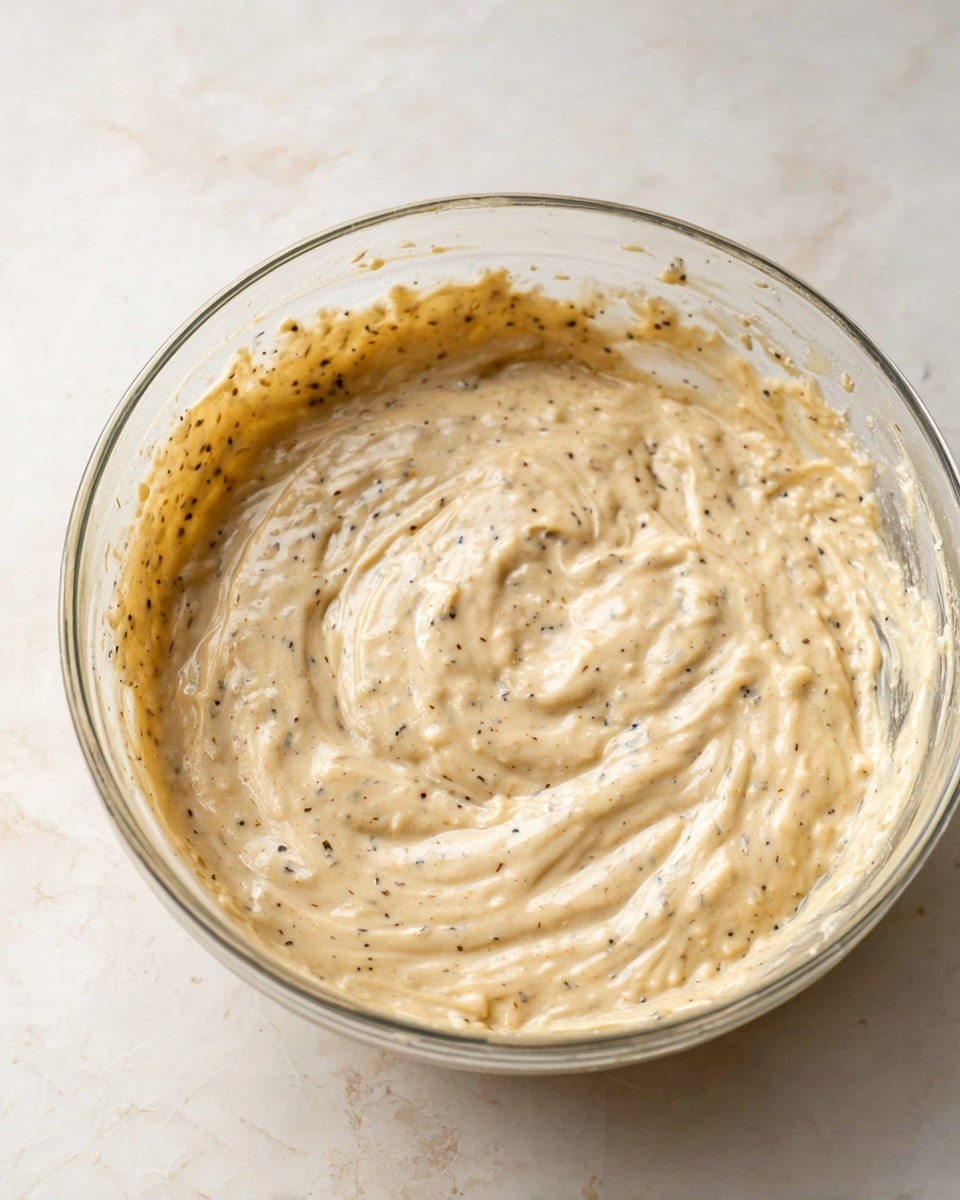 A clear glass bowl filled with a creamy, beige batter that has small dark specks scattered throughout. The batter has a thick, slightly lumpy texture and swirls are visible from stirring. Some batter is stuck along the rim of the bowl. The bowl sits on a white marbled surface. photo taken with an iphone --ar 4:5 --v 7