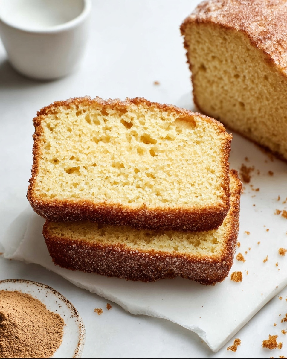 The image shows two slices of yellow cake with a soft, crumbly texture and a slightly browned crust, stacked on top of each other. The top slice displays a light golden interior with small air pockets, while the bottom slice has a visible cinnamon-sugar coating on a darker crust edge. Surrounding the slices are small crumbs scattered on a white marbled surface, with part of a white plate visible at the edge and a white bowl containing brown powder nearby. photo taken with an iphone --ar 4:5 --v 7