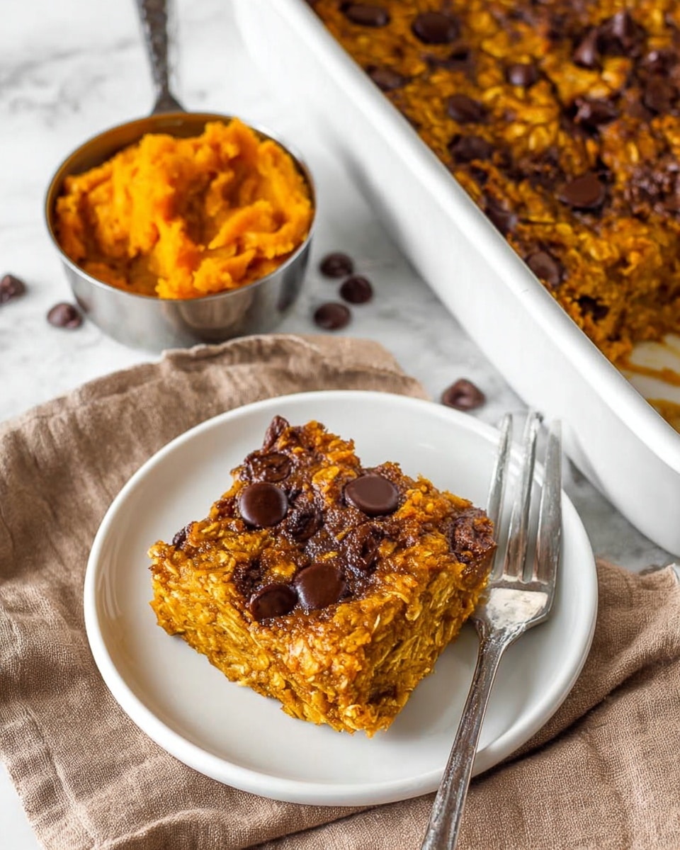 A square piece of orange-brown baked oatmeal with visible dark chocolate chips on top sits on a white plate with a silver fork resting beside it. The oatmeal has a textured surface with oats and melted chocolate chips spread unevenly. The plate is placed on a soft light brown cloth, and next to it is a white rectangular baking dish filled with more of the same oatmeal, showing a slightly raised and cracked top with scattered chocolate chips. To the upper left, there is a small metal measuring cup filled with smooth, mashed orange pumpkin. The background is a white marbled texture. Photo taken with an iphone --ar 4:5 --v 7