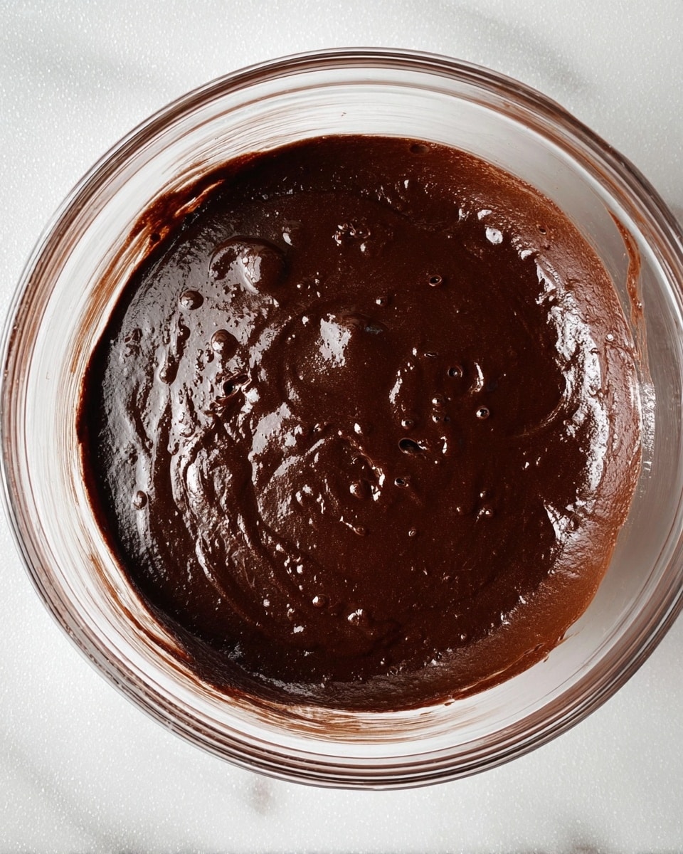 A clear glass bowl filled with one thick, glossy layer of dark chocolate batter with a smooth but slightly bumpy texture, showing some air bubbles on the surface and light reflections, set on a white marbled surface photo taken with an iphone --ar 4:5 --v 7